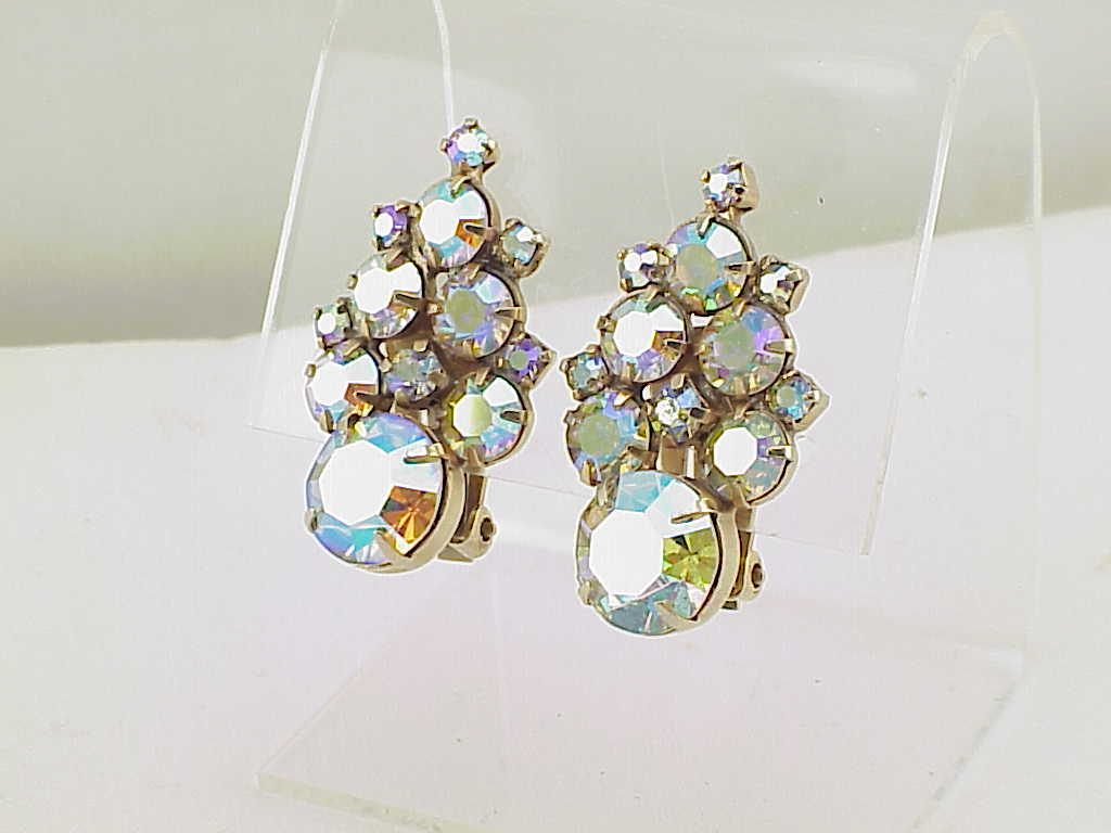 Vintage Aurora Borealis Rhinestone Clip Earrings