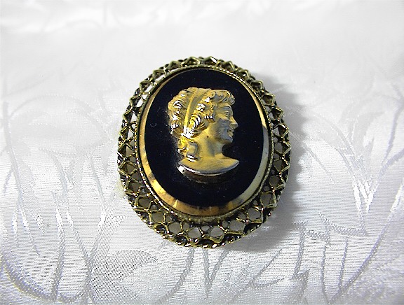 Cameo Brooch Black Glass And Goldtone Cameo Brooch