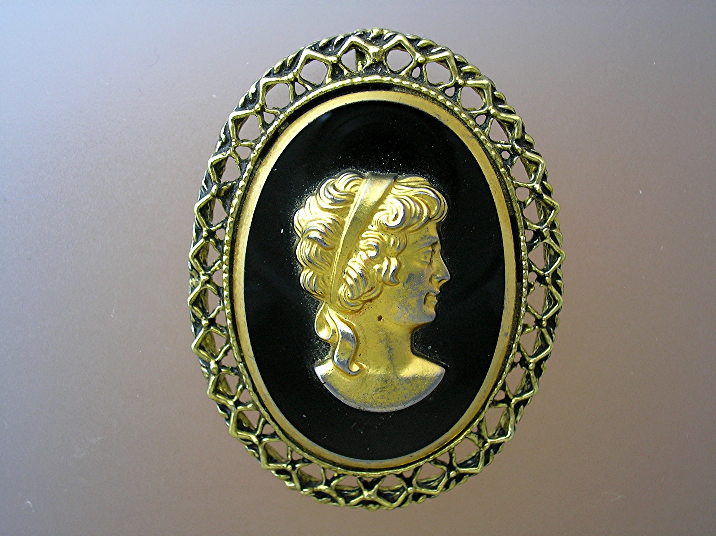 Cameo Brooch Black Glass And Goldtone Cameo Brooch
