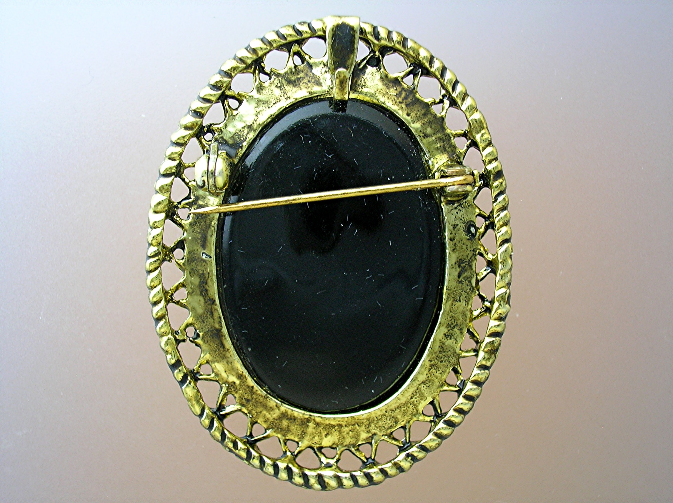 Cameo Brooch Black Glass And Goldtone Cameo Brooch