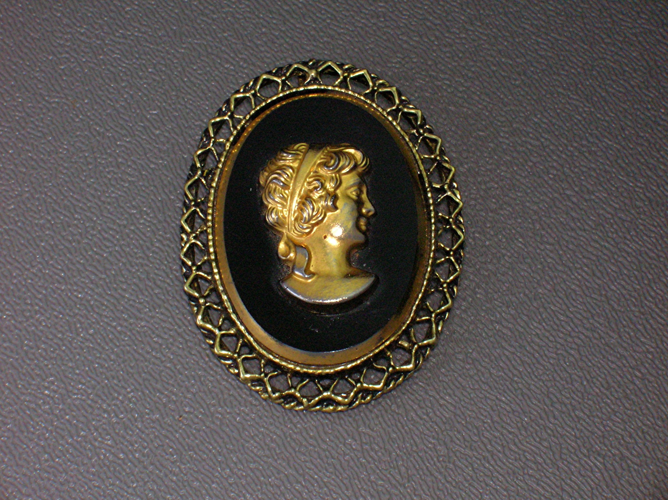 Cameo Brooch Black Glass And Goldtone Cameo Brooch