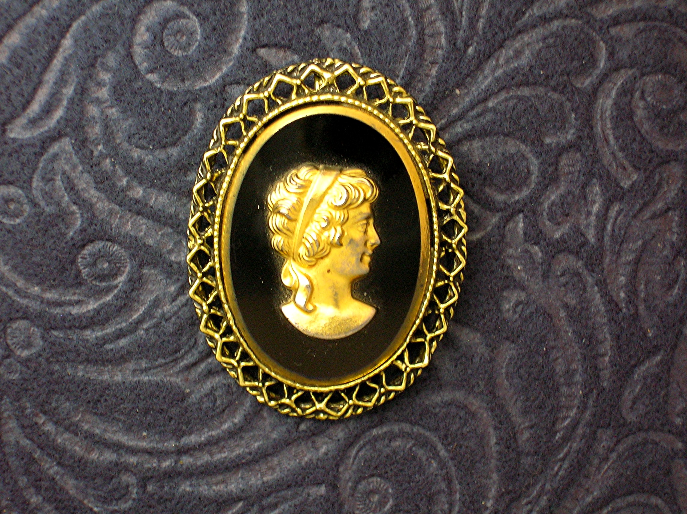 Cameo Brooch Black Glass And Goldtone Cameo Brooch
