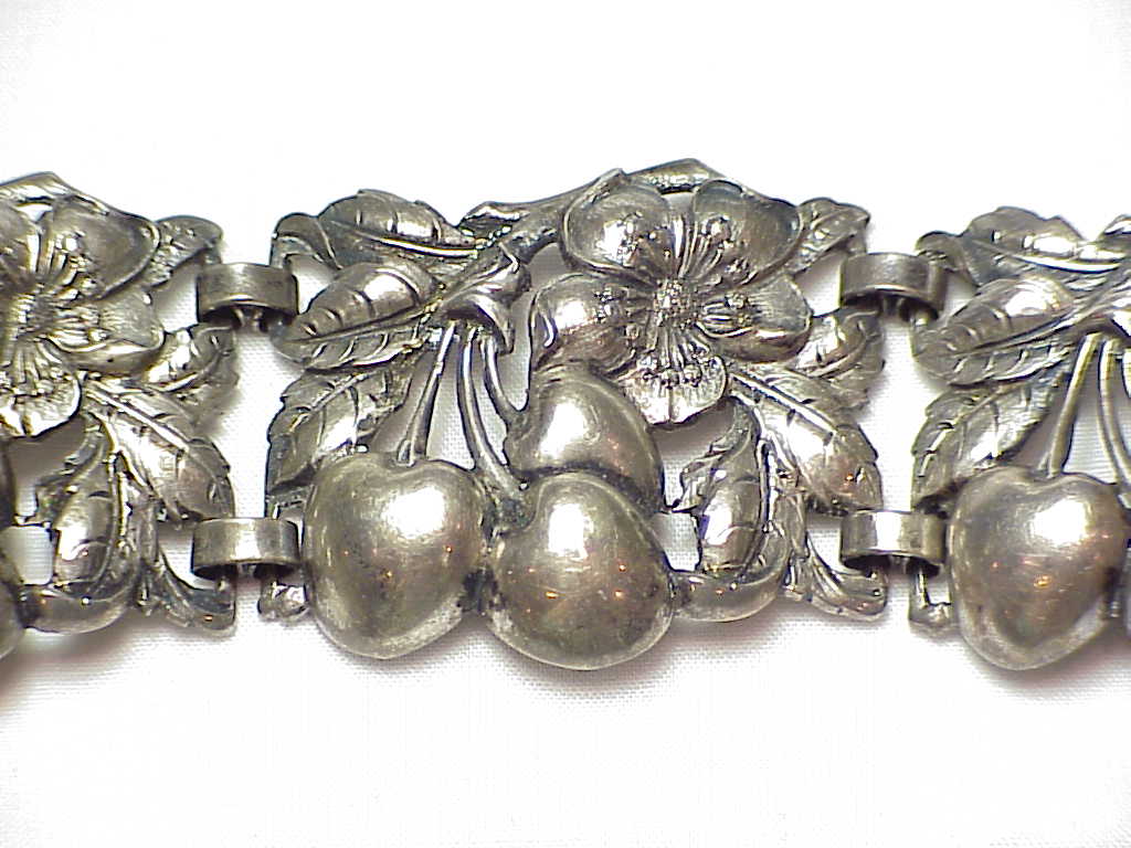 Vintage Cini Wide Sterling Silver Cherry And Flower Link Bracelet