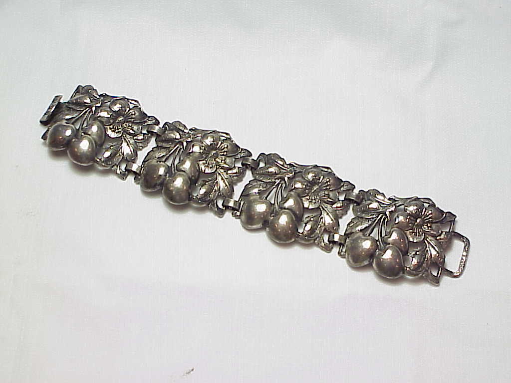 Vintage Cini Wide Sterling Silver Cherry And Flower Link Bracelet