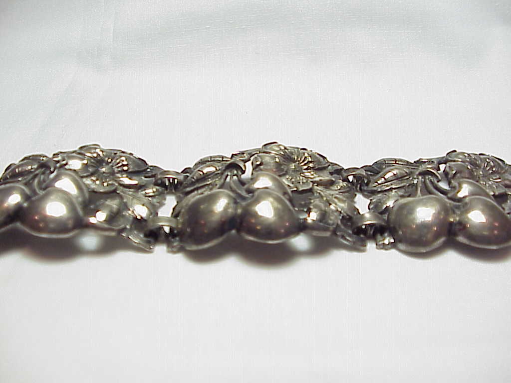 Vintage Cini Wide Sterling Silver Cherry And Flower Link Bracelet