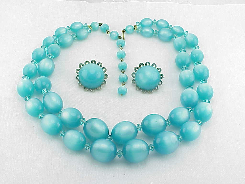 Vintage Star Blue Moonstone Lucite Necklace And Clip Earrings Set