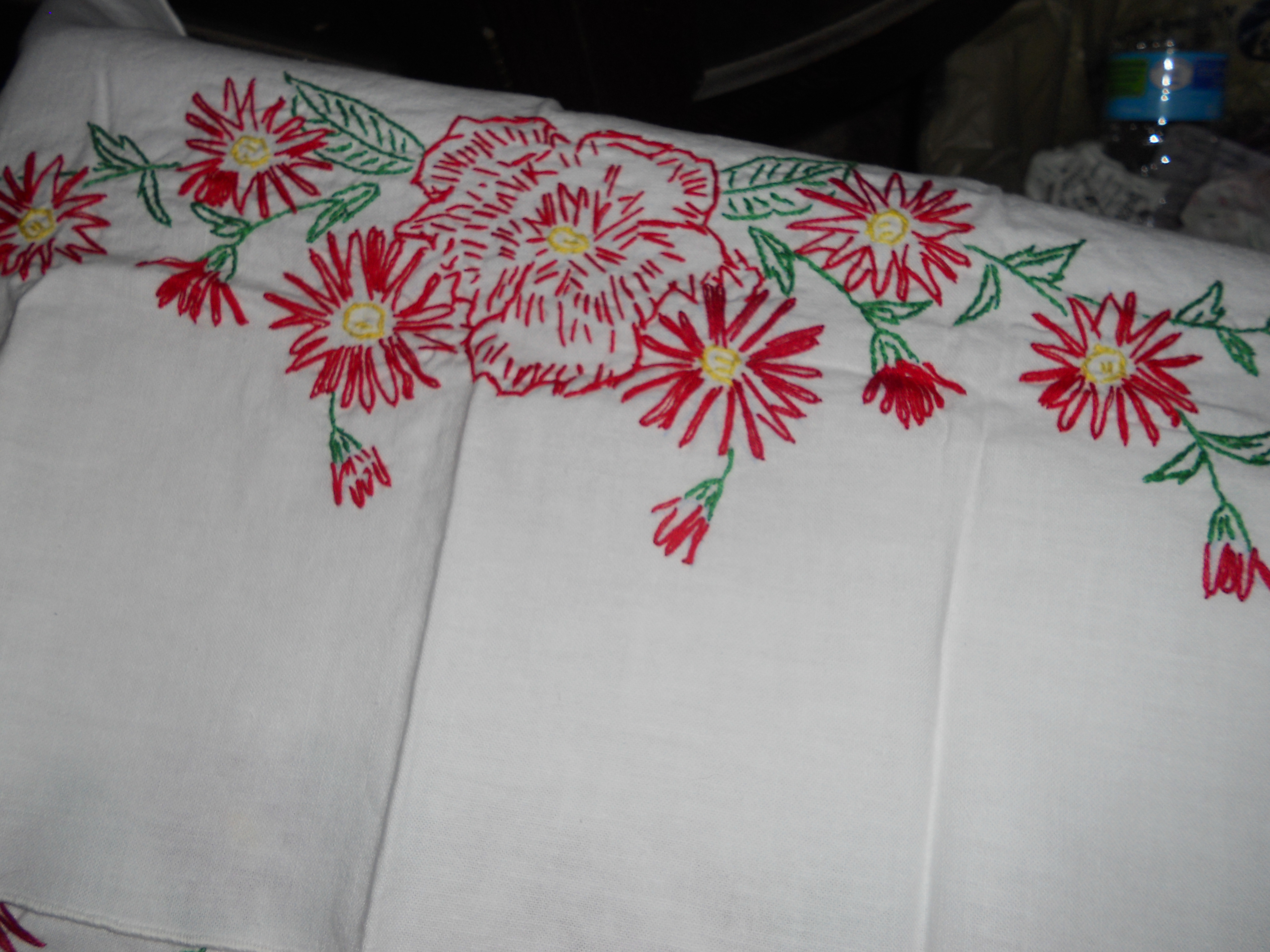 Floral Embroidered White Linen Table Runner or Dresser Scarf pair