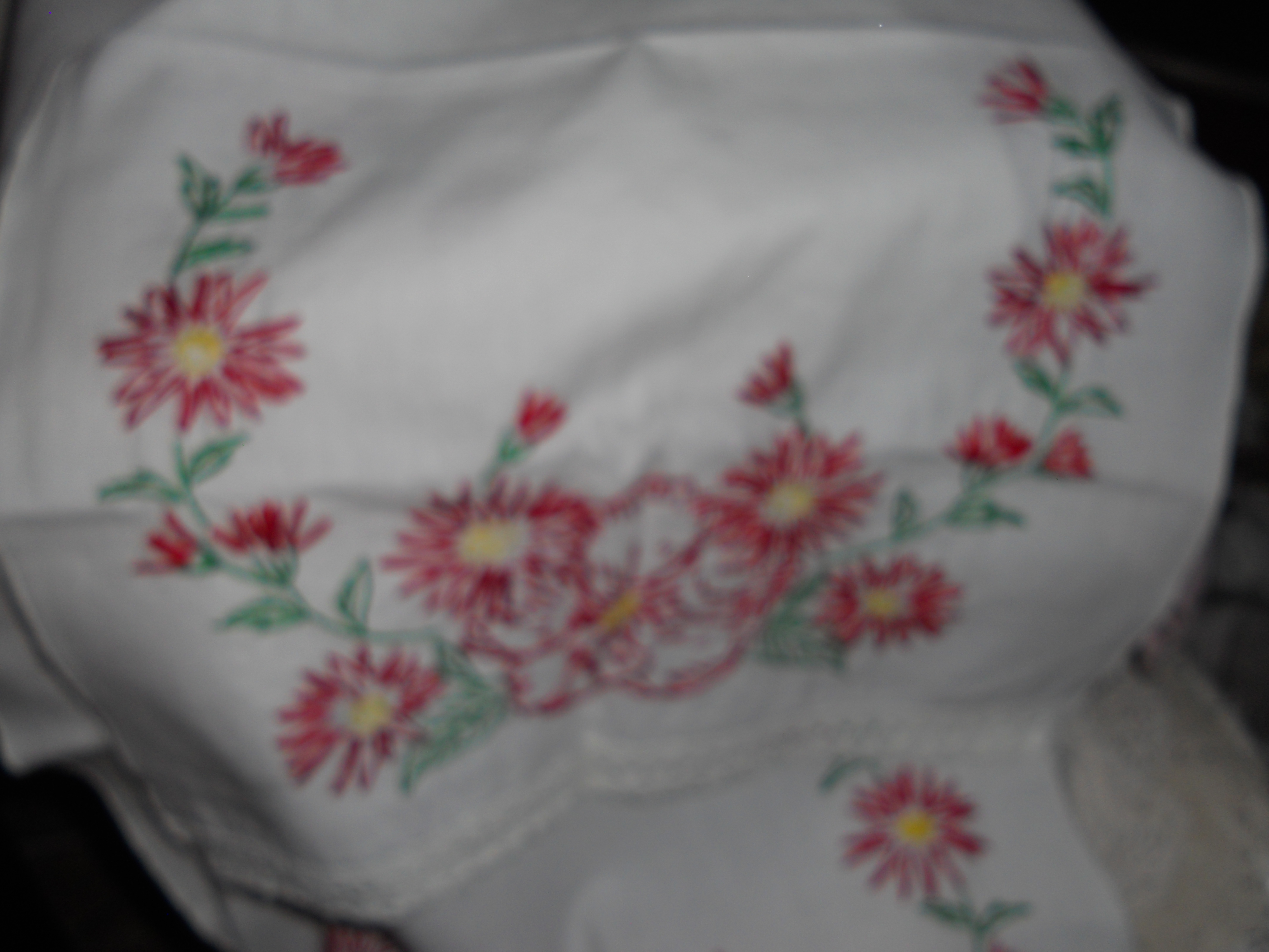 Floral Embroidered White Linen Table Runner or Dresser Scarf pair