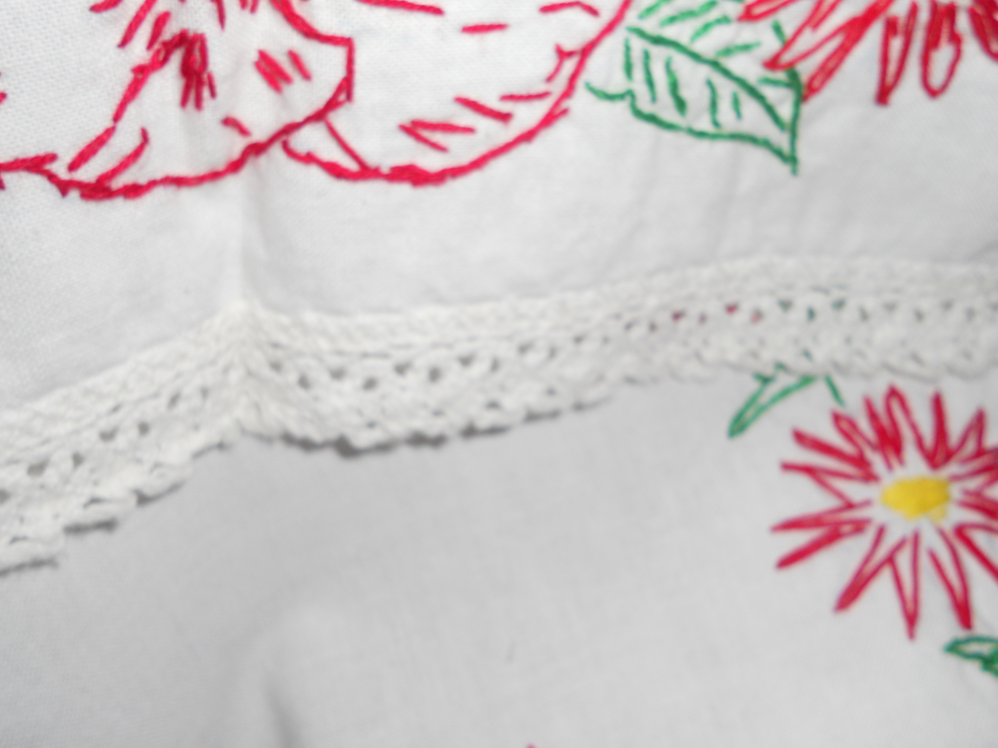 Floral Embroidered White Linen Table Runner or Dresser Scarf pair