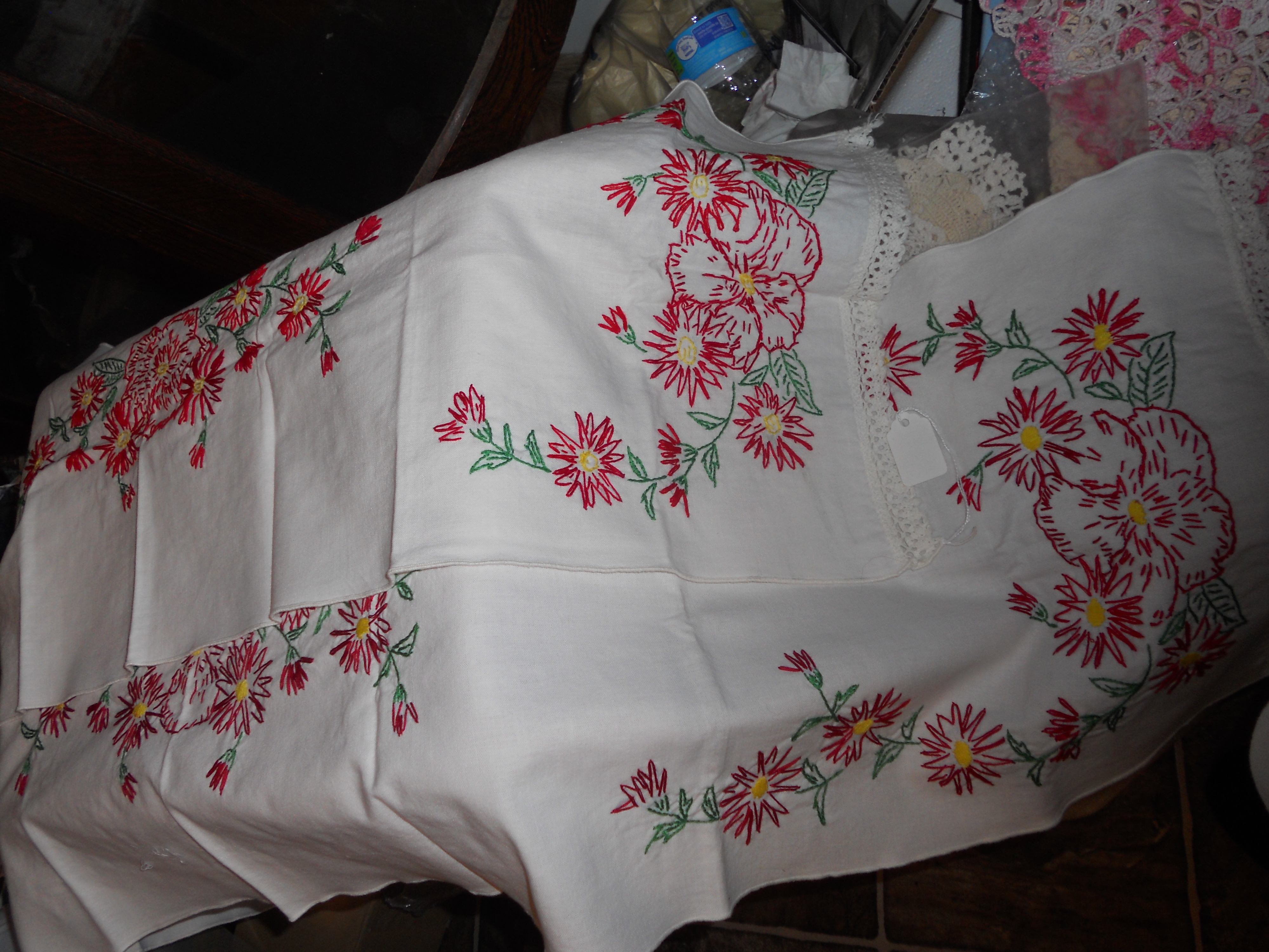Floral Embroidered White Linen Table Runner or Dresser Scarf pair