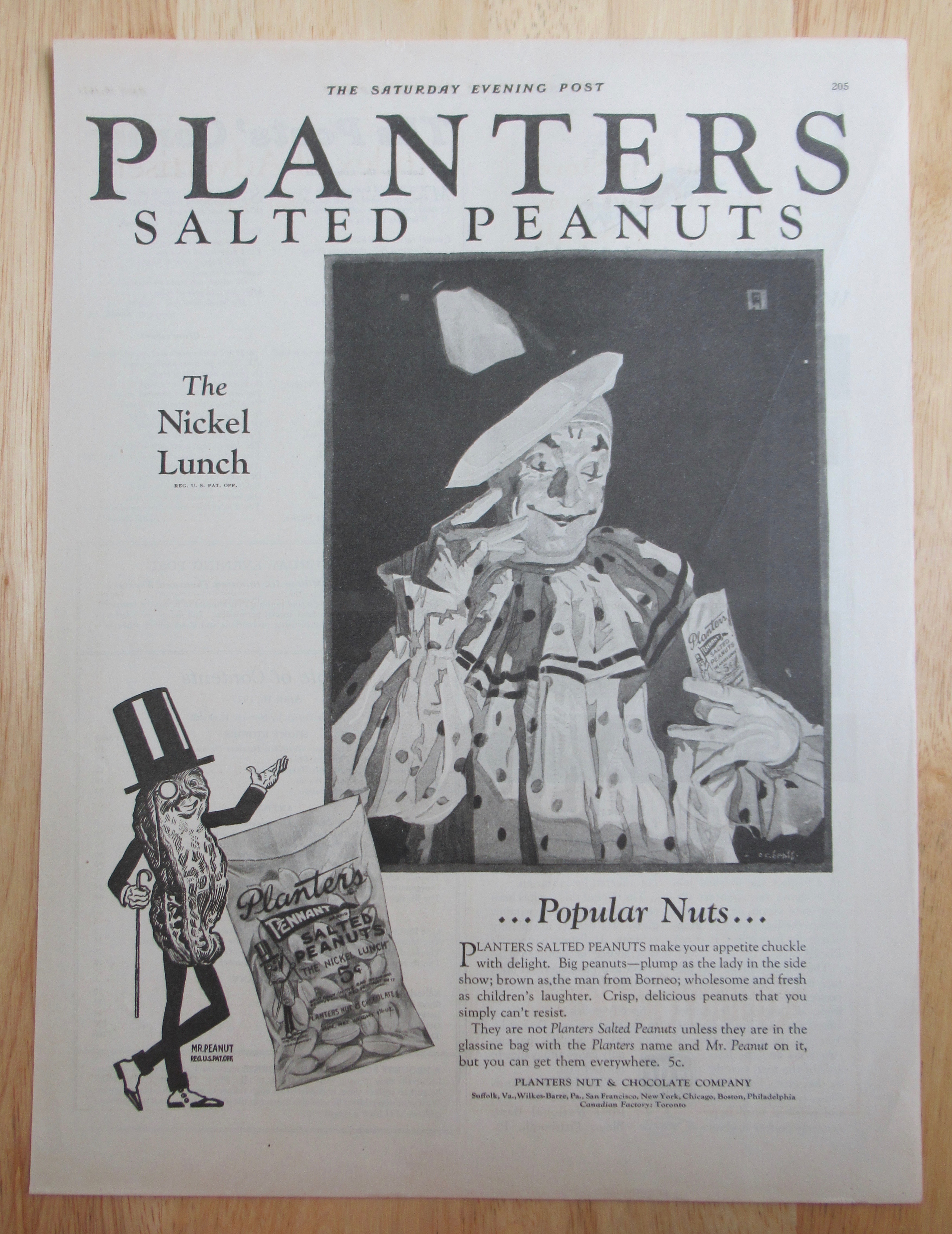 1927 Planters Peanuts with Clown Holding Bag of Peanuts