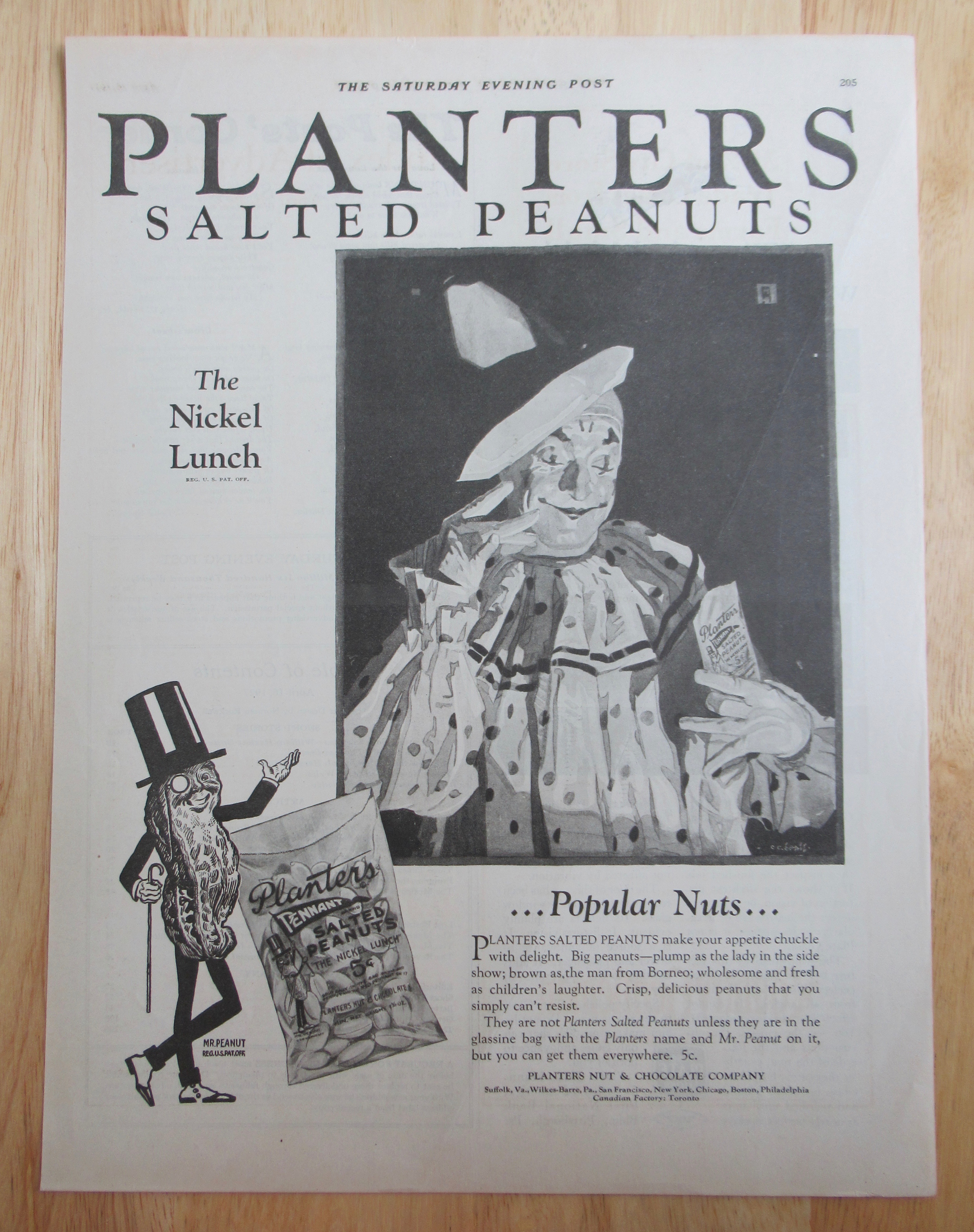 1927 Planters Peanuts with Clown Holding Bag of Peanuts