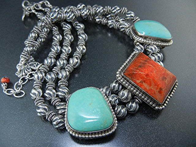 David Troutman Sterling Silver Coral  Turquoise Necklac
