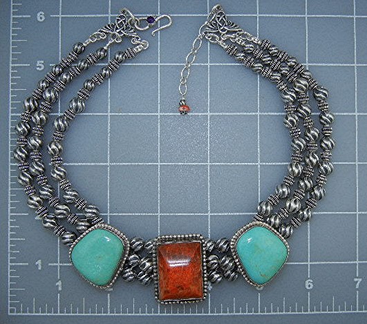 David Troutman Sterling Silver Coral  Turquoise Necklac