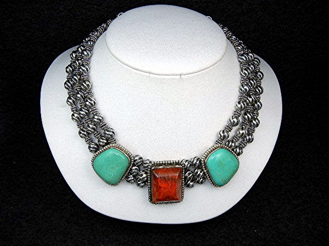 David Troutman Sterling Silver Coral  Turquoise Necklac
