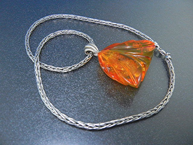 Baltic Amber Carved Pendant Sterling Silver Chain