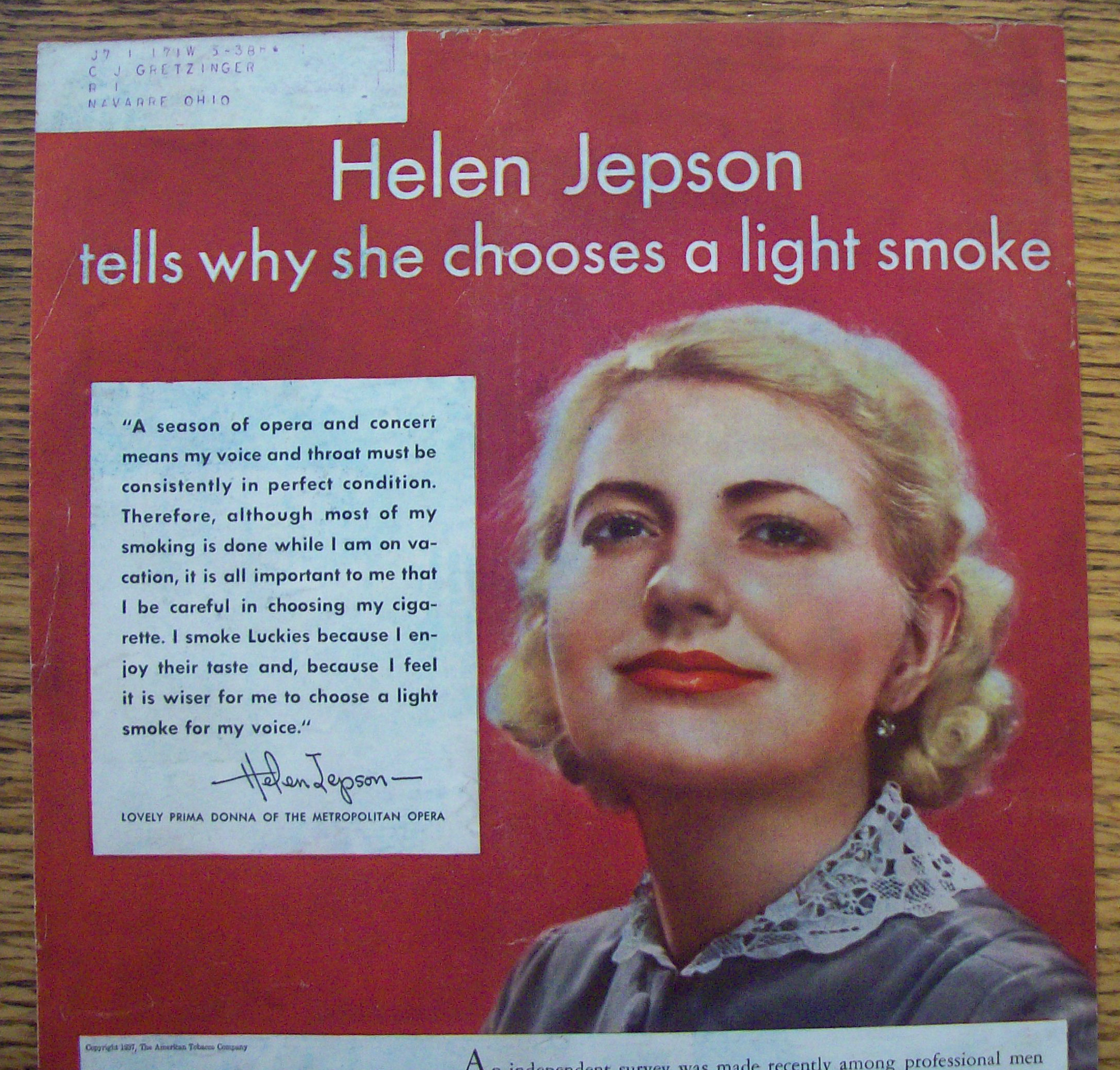 1937 Lucky Strike Cigarettes w/Helen Jepson