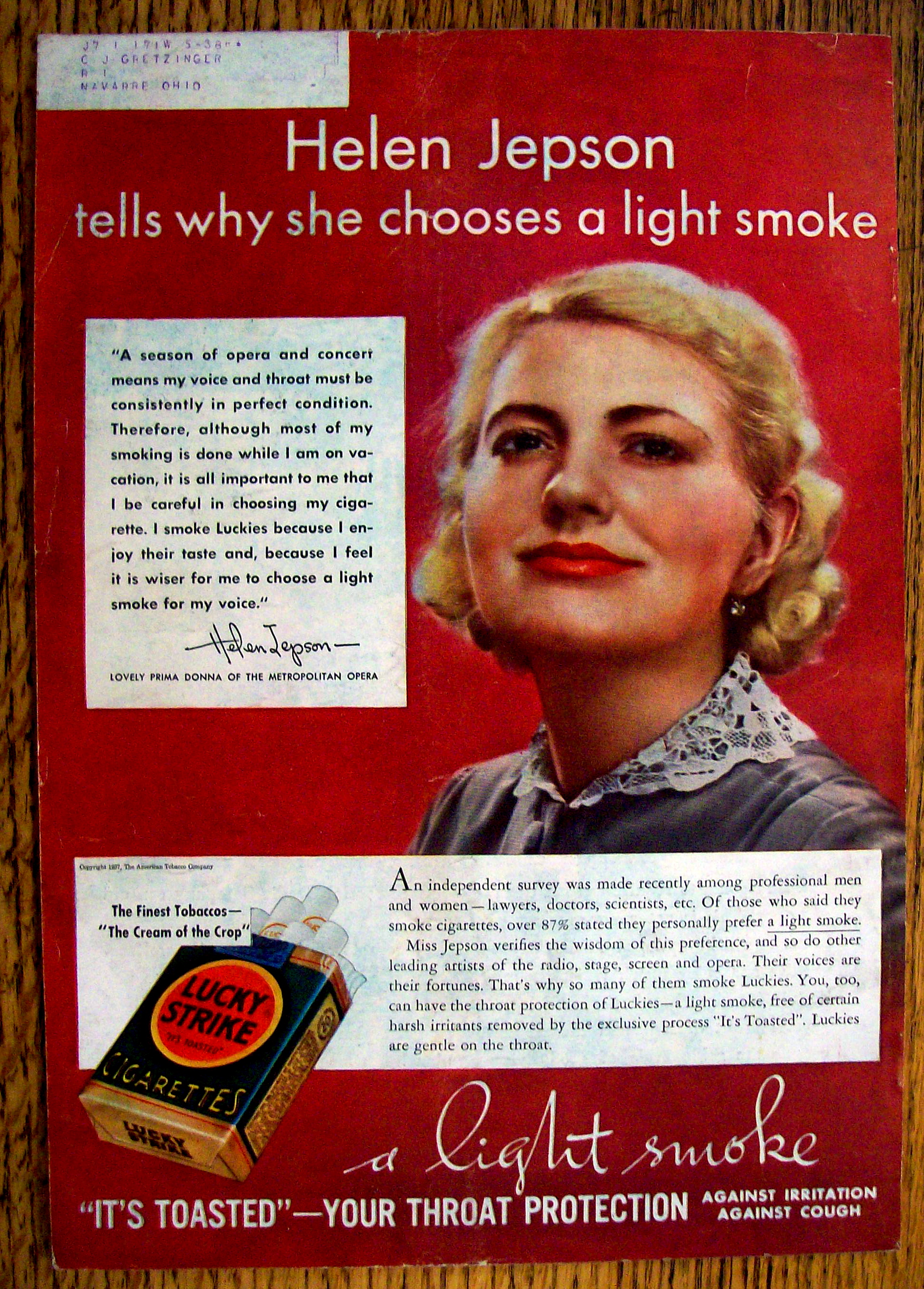 1937 Lucky Strike Cigarettes w/Helen Jepson