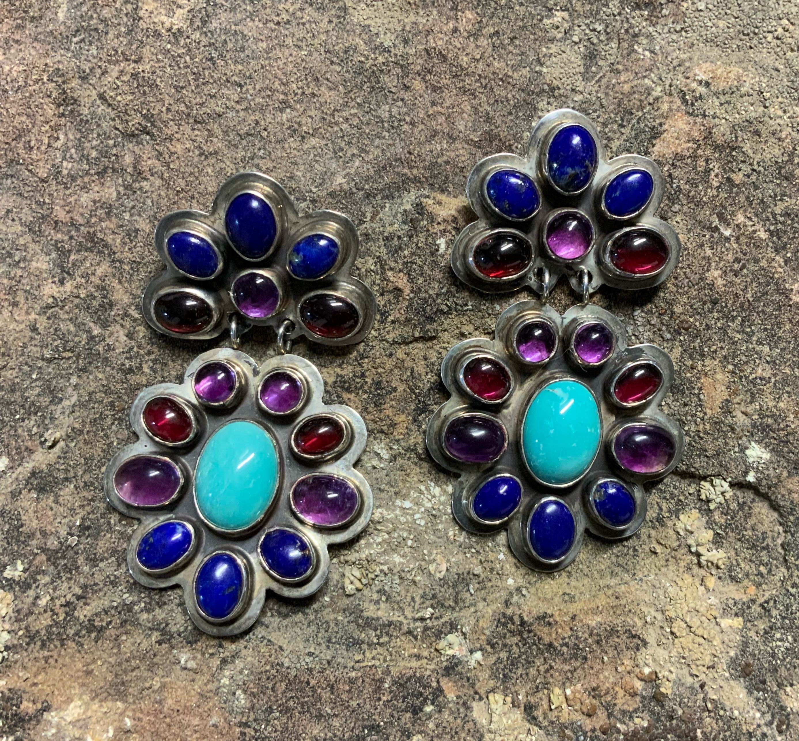 Nakai Sterling Silver Turquoise Lapis Garnet Post Earr