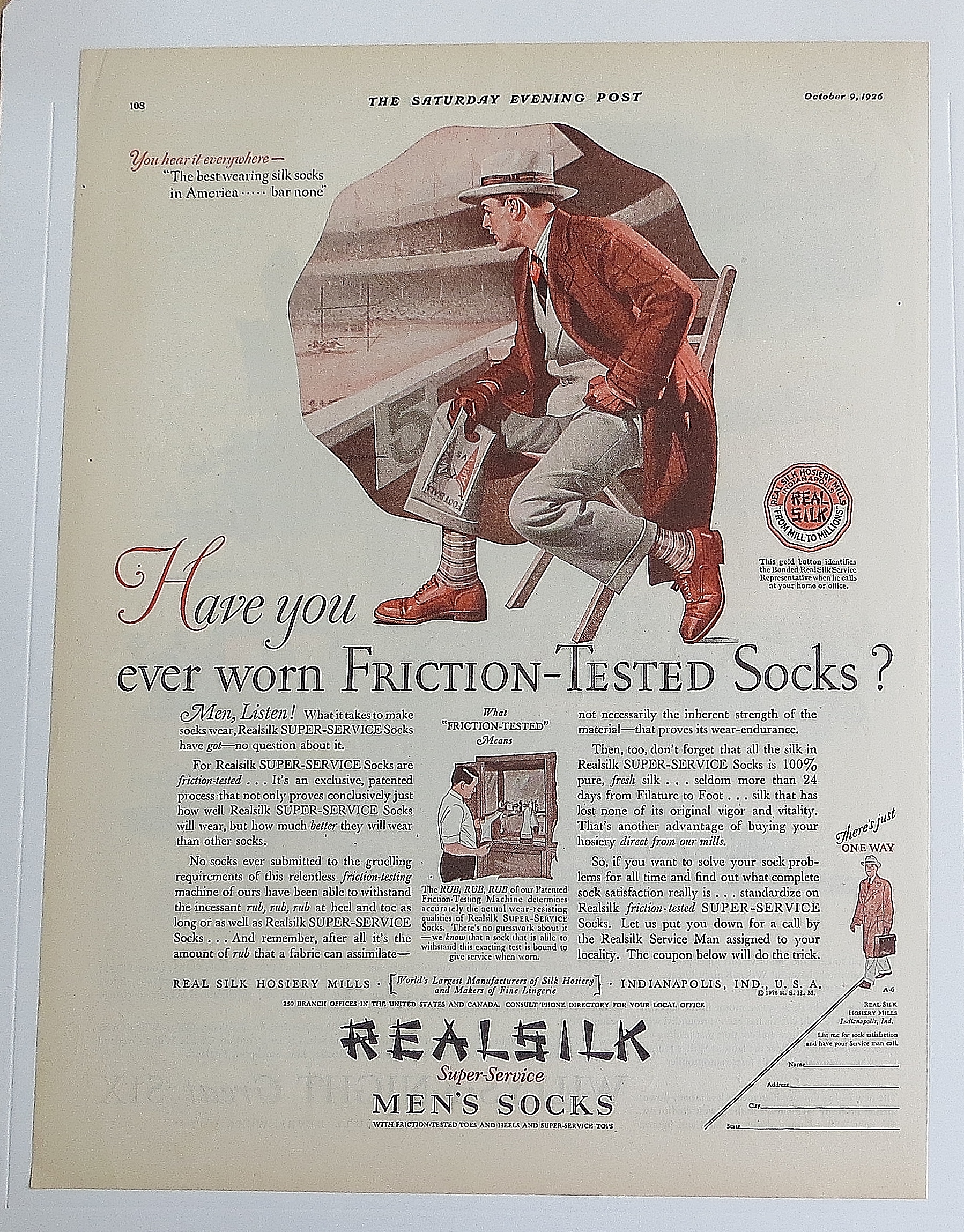 1926 Real Silk Men's Socks w/Man Sitting Watching Game