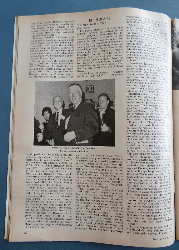 Time Magazine March 8, 1968 The Race For The G. O. P. Nomination