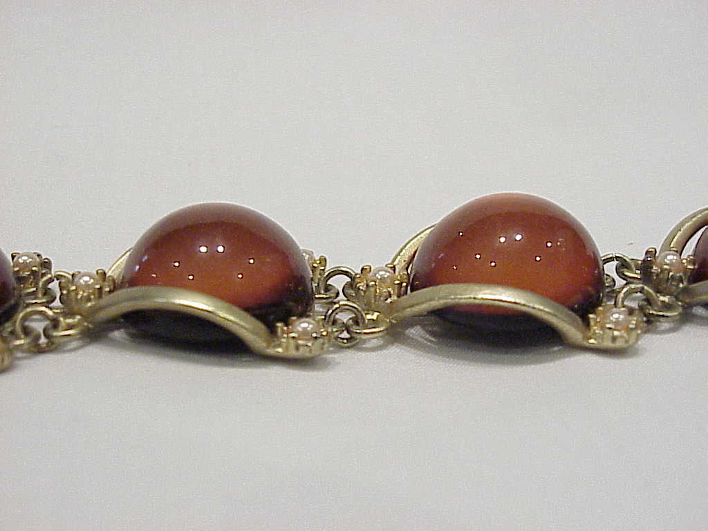 Chunky Amber Lucite And Pearl Matte Gold Tone Bracelet