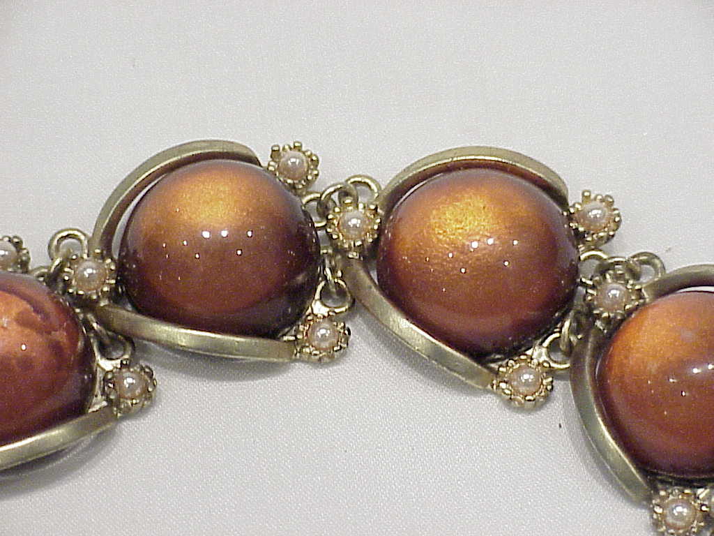 Chunky Amber Lucite And Pearl Matte Gold Tone Bracelet
