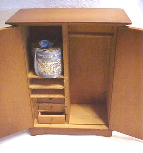 Doll House Wardrobe Armoire  Wood + Hat box