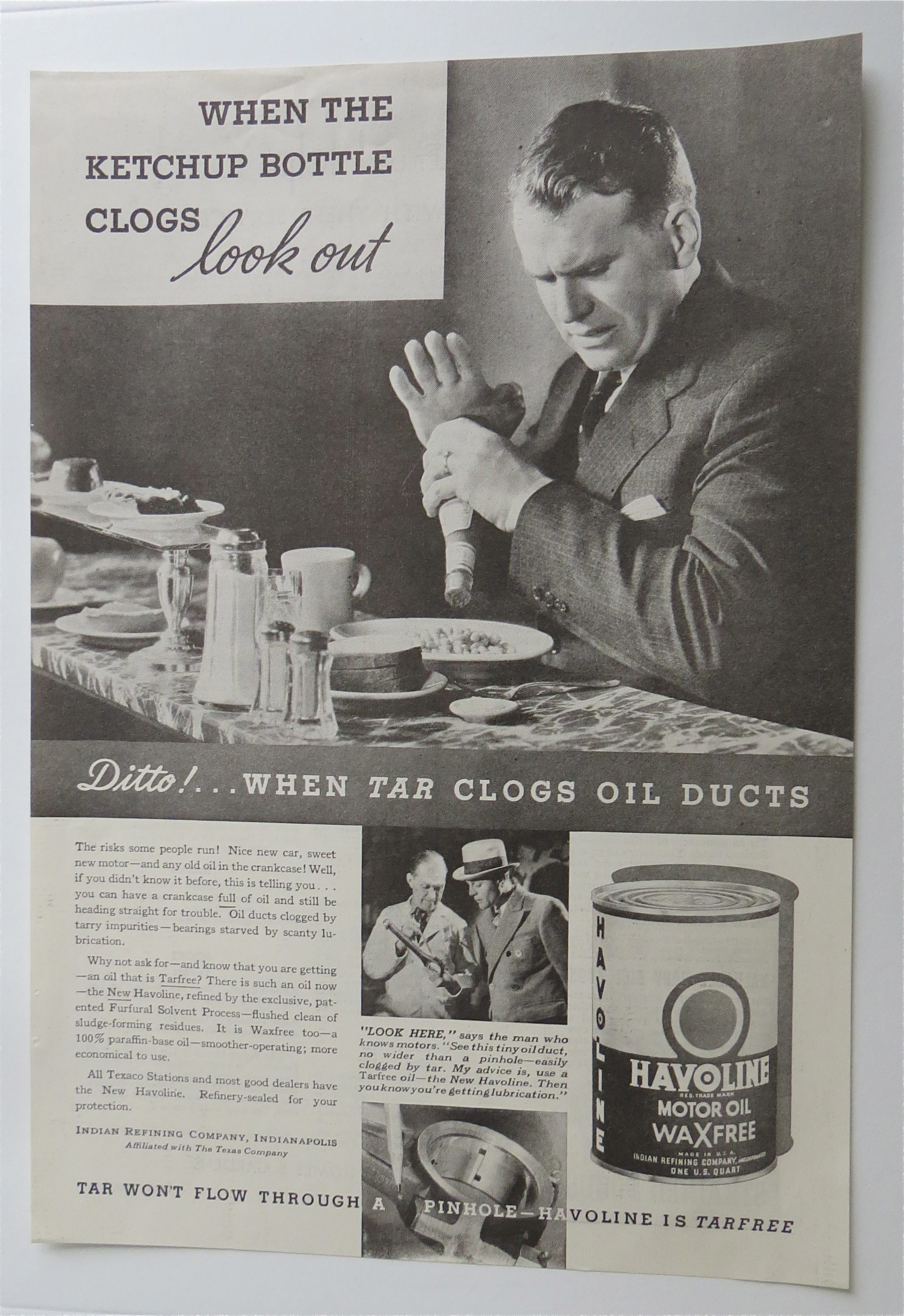 1935 Havoline Motor Oil w/Man Hitting Ketchup Jar