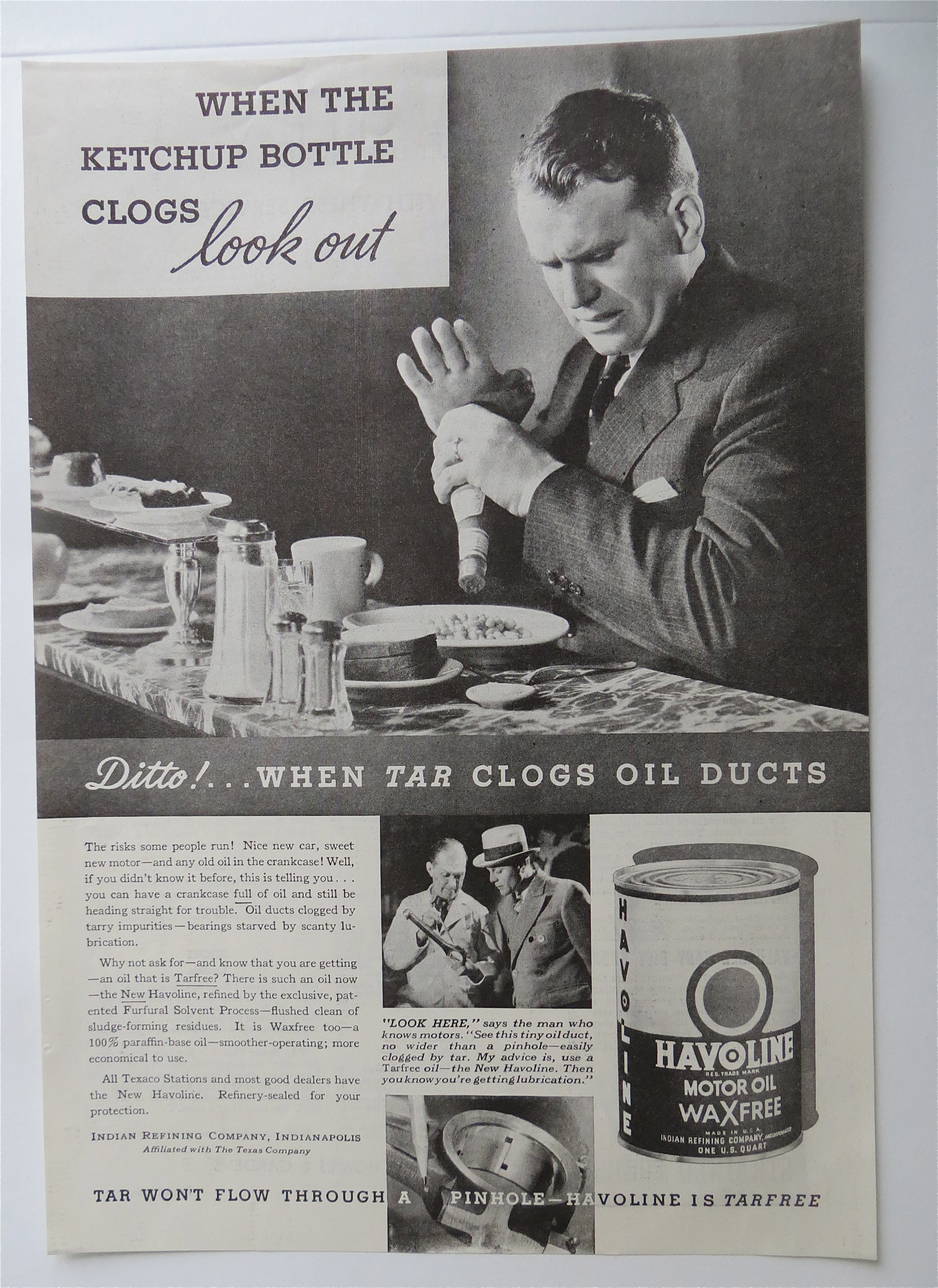 1935 Havoline Motor Oil w/Man Hitting Ketchup Jar