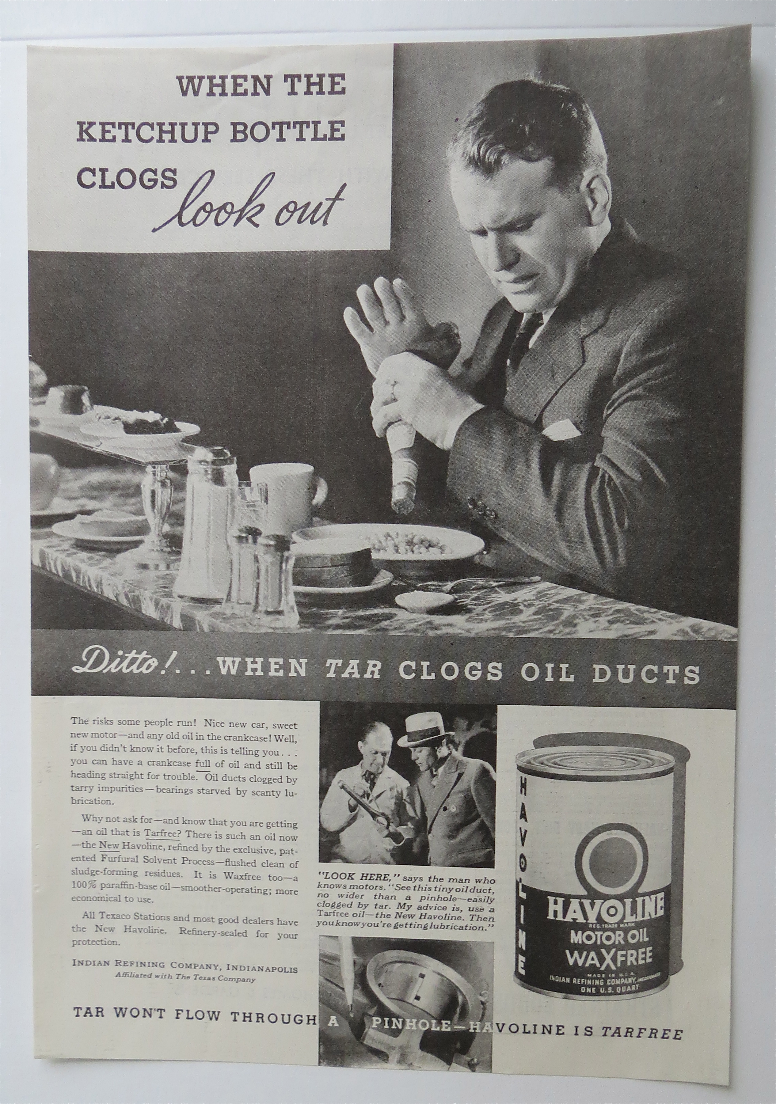 1935 Havoline Motor Oil w/Man Hitting Ketchup Jar