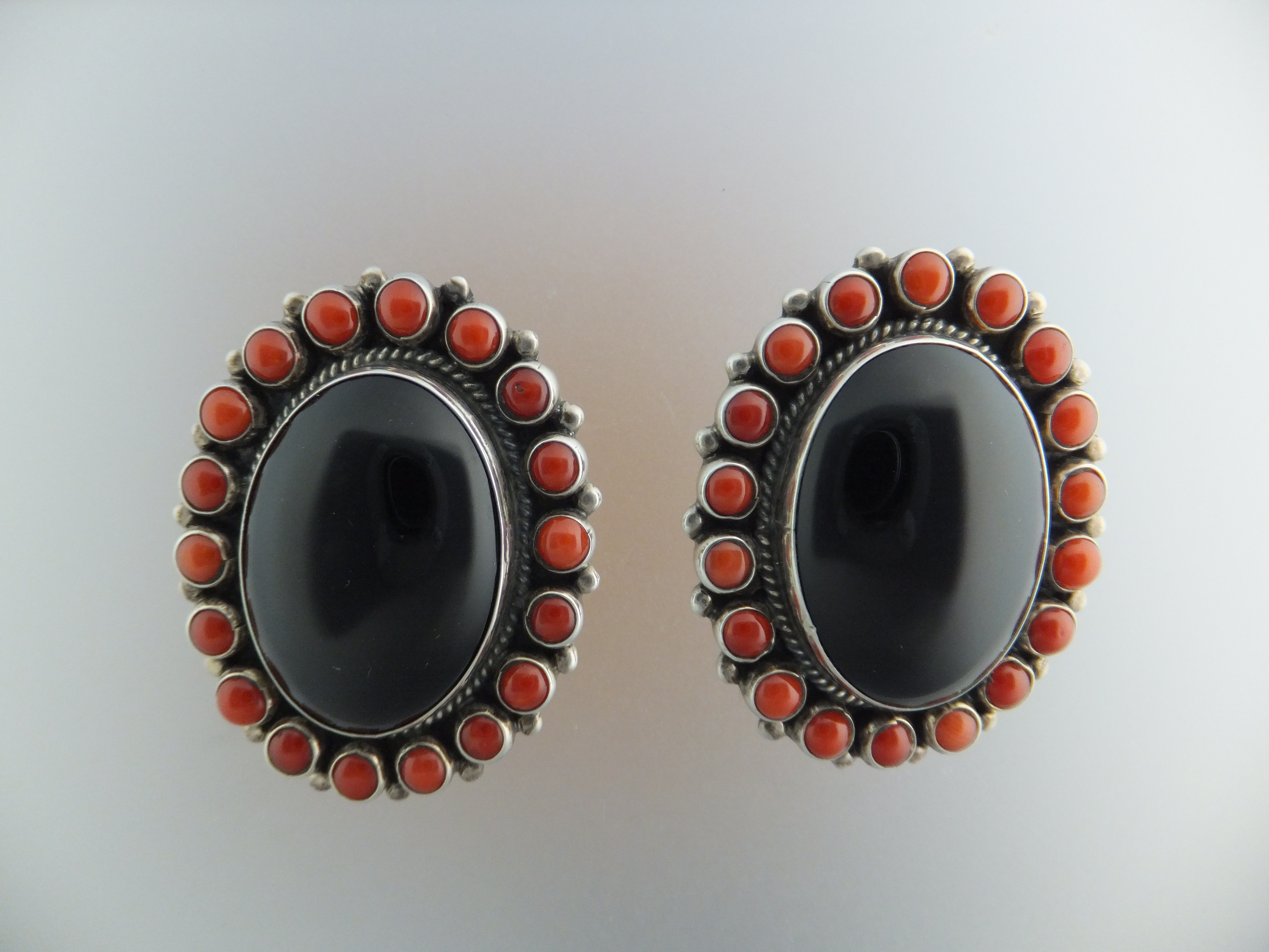 LEO FEENEY Sterling Silver Coral Onyx  Clip Earrings