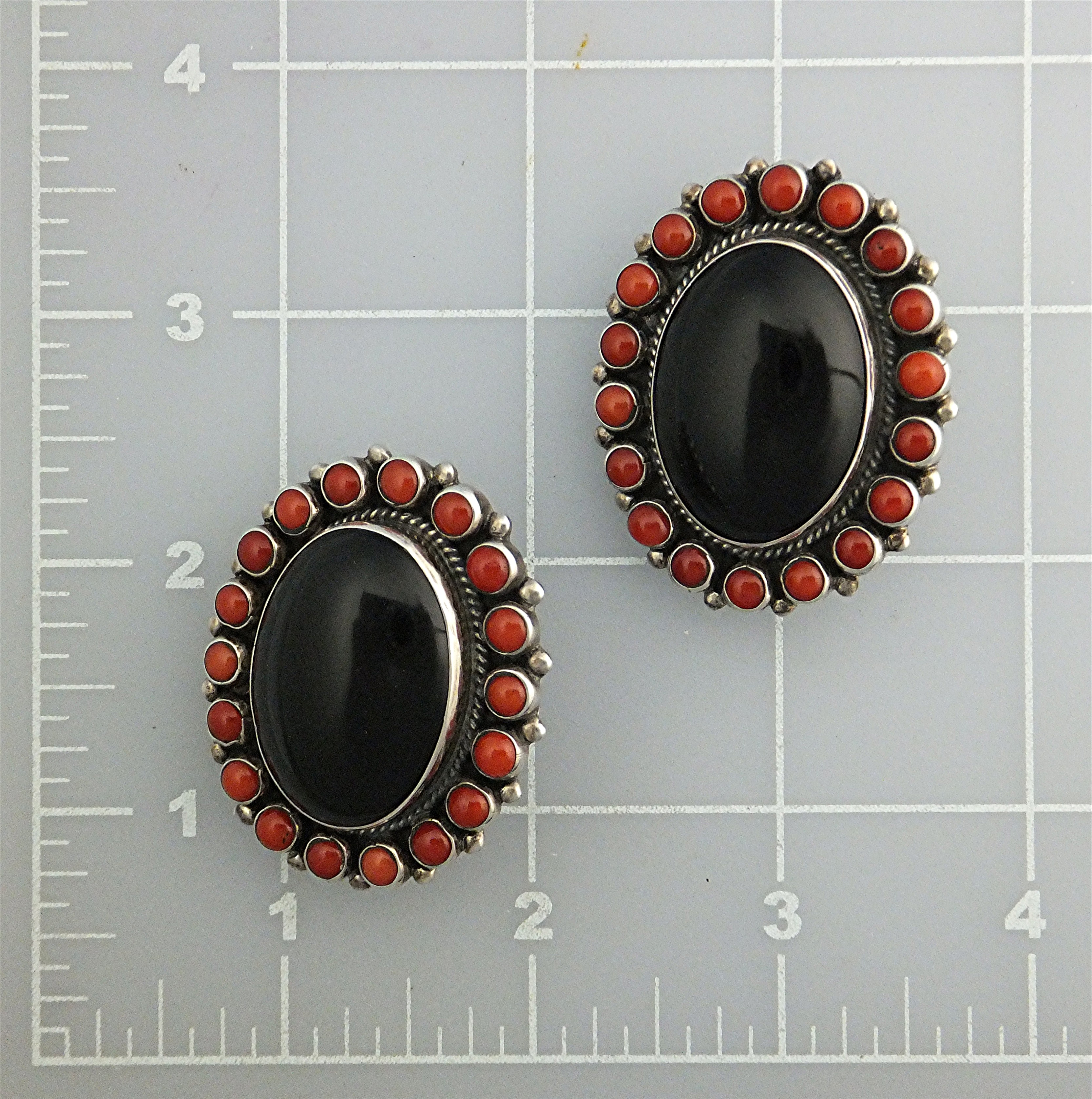 LEO FEENEY Sterling Silver Coral Onyx  Clip Earrings
