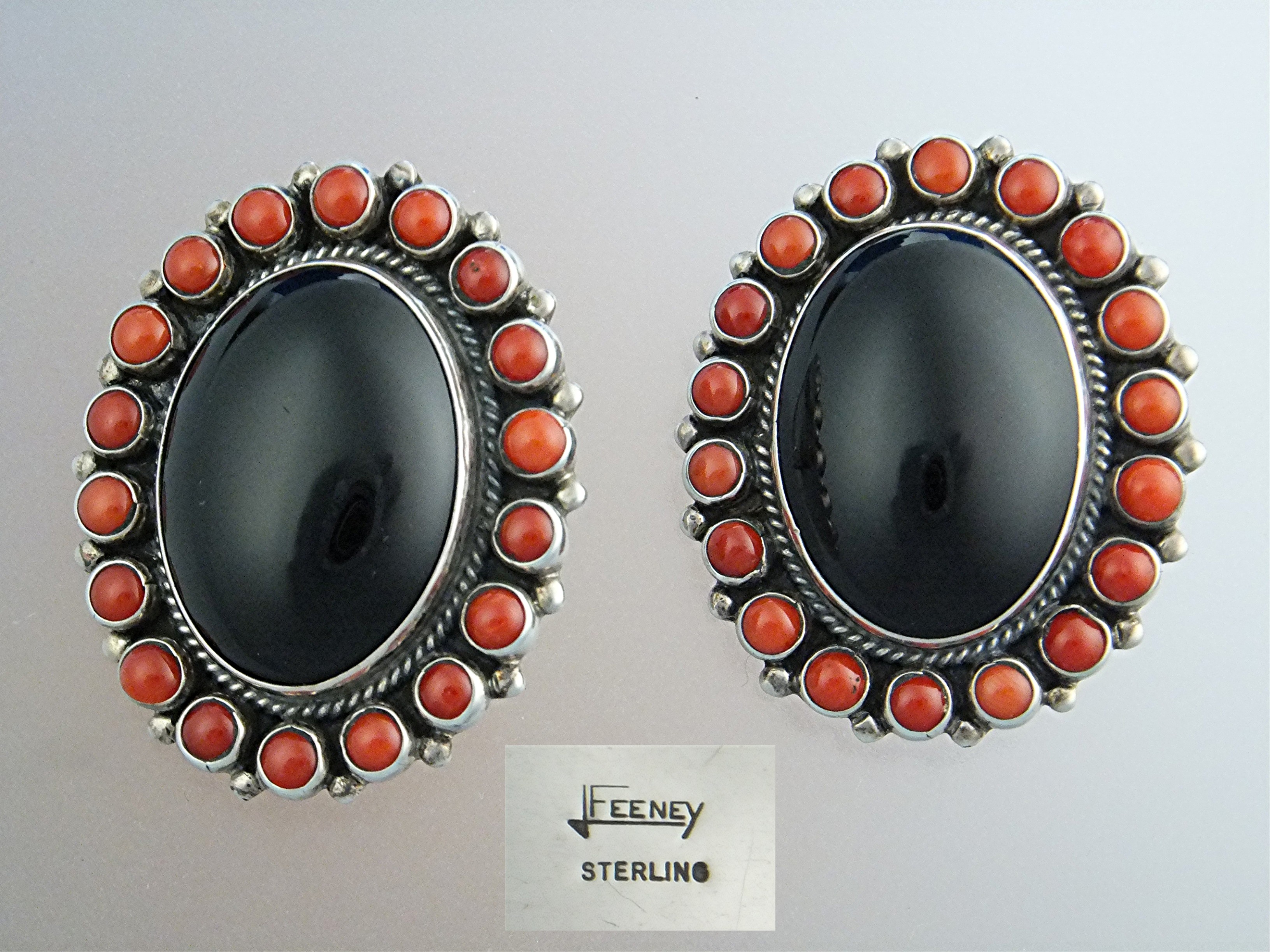 LEO FEENEY Sterling Silver Coral Onyx  Clip Earrings