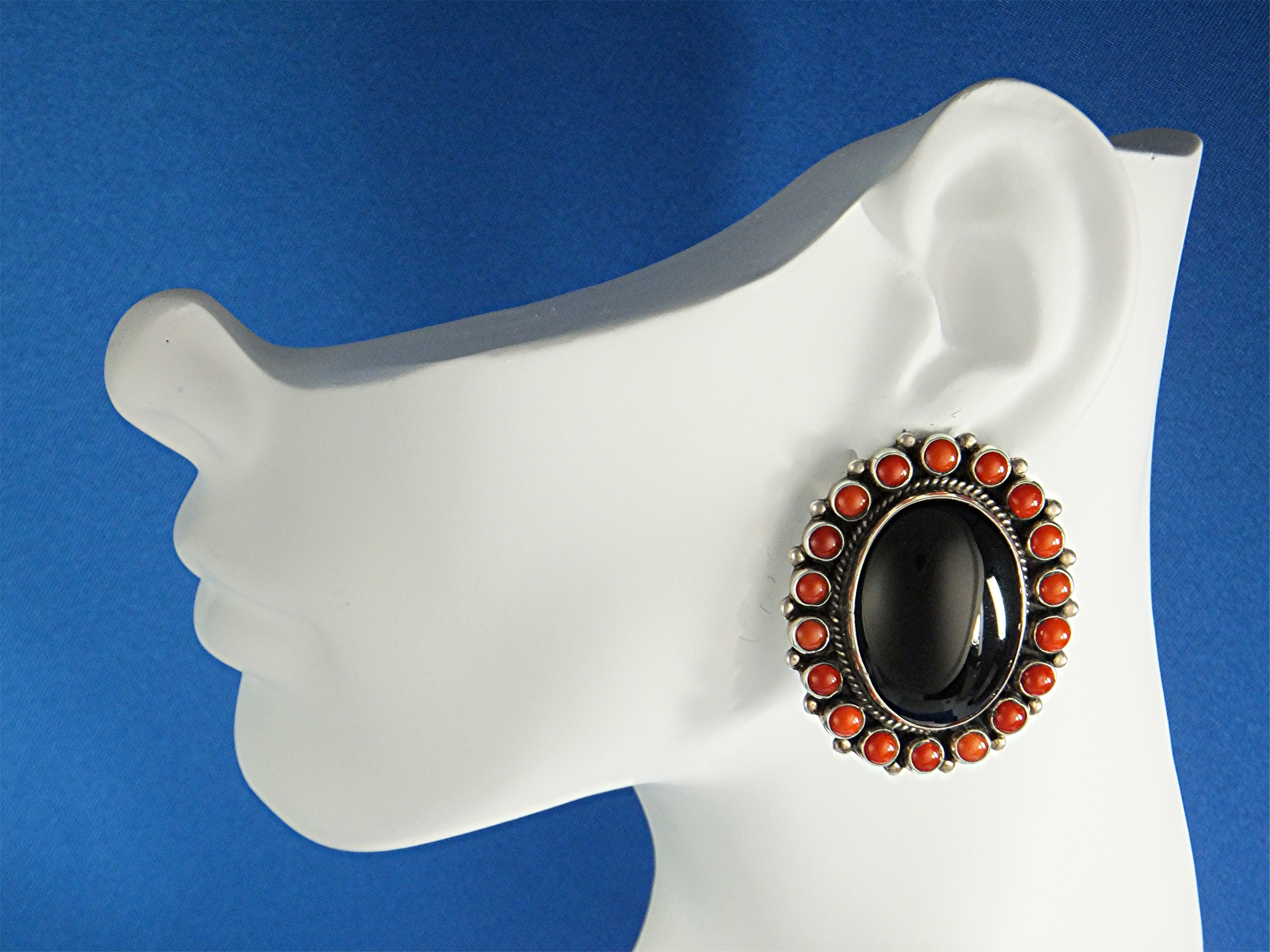 LEO FEENEY Sterling Silver Coral Onyx  Clip Earrings