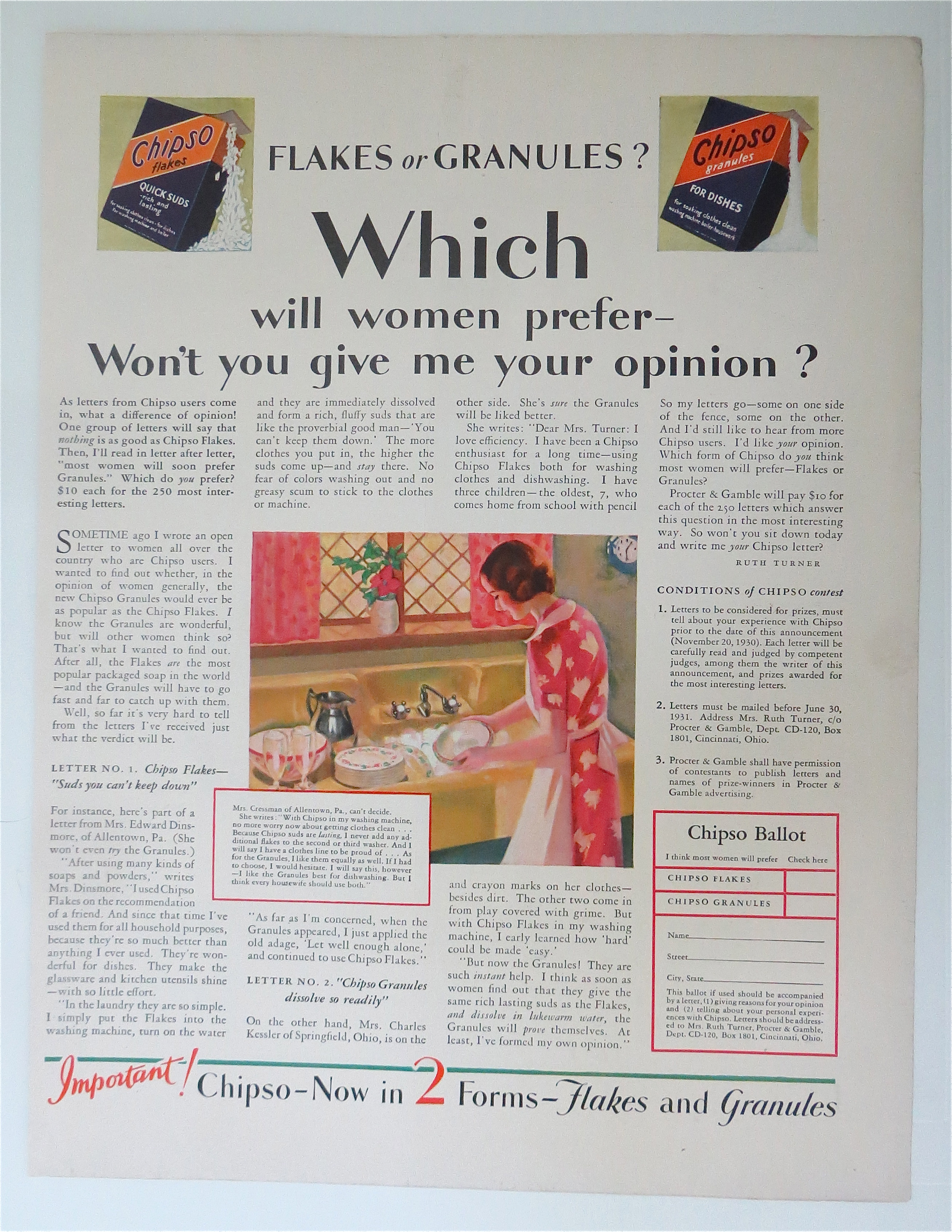 1930 Chipso Flakes & Granules with Woman Washing Dishes