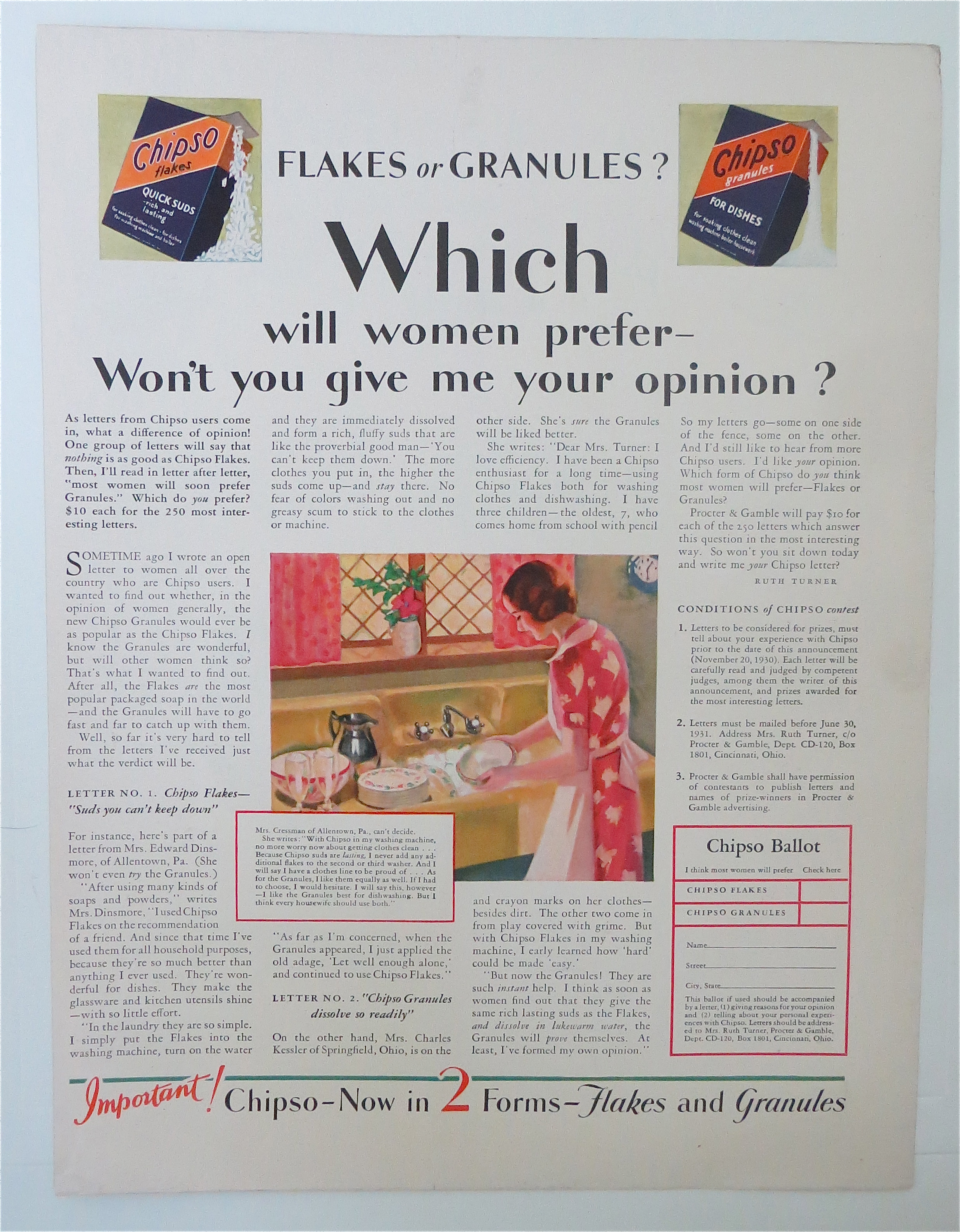 1930 Chipso Flakes & Granules with Woman Washing Dishes