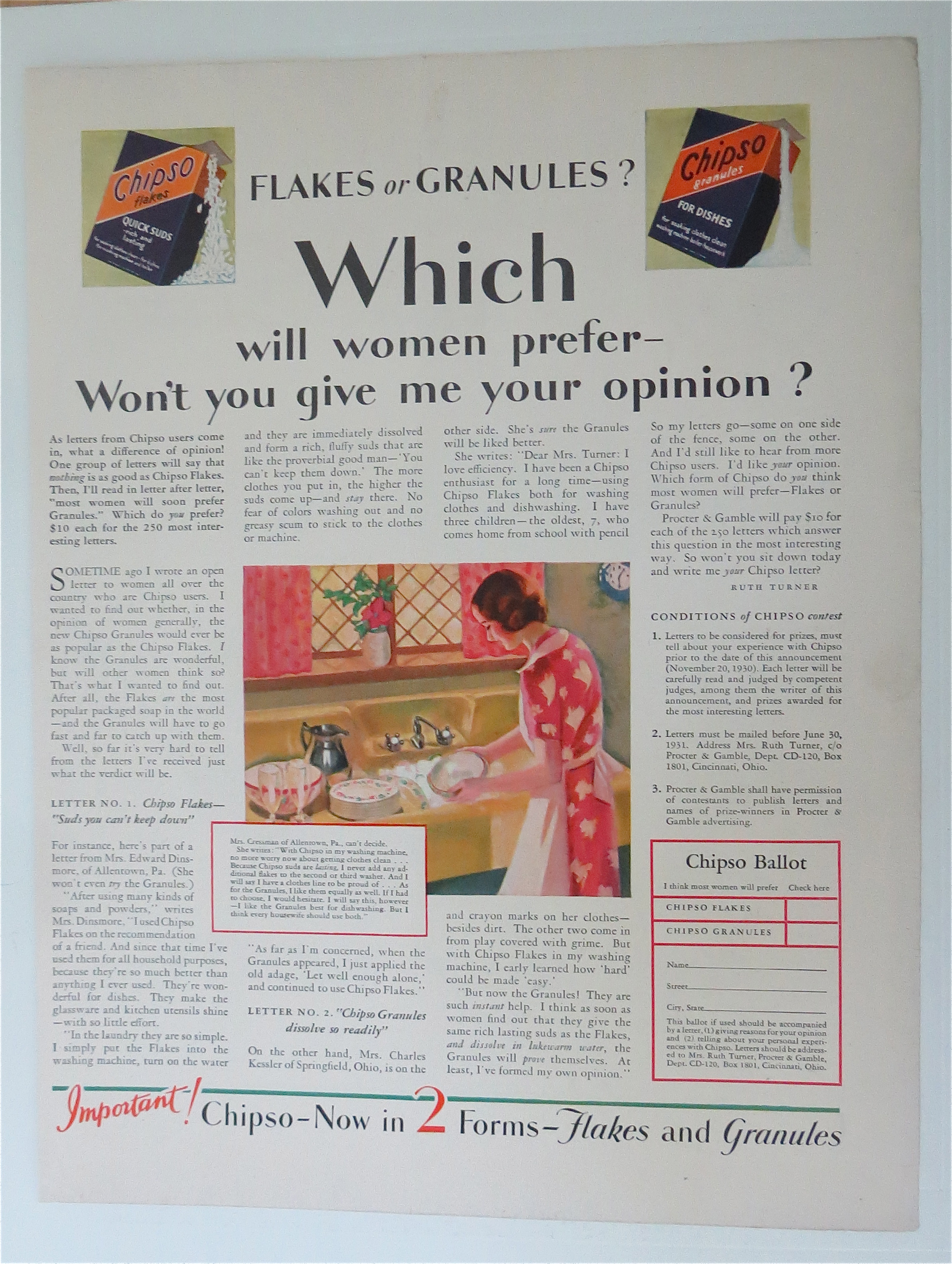 1930 Chipso Flakes & Granules with Woman Washing Dishes