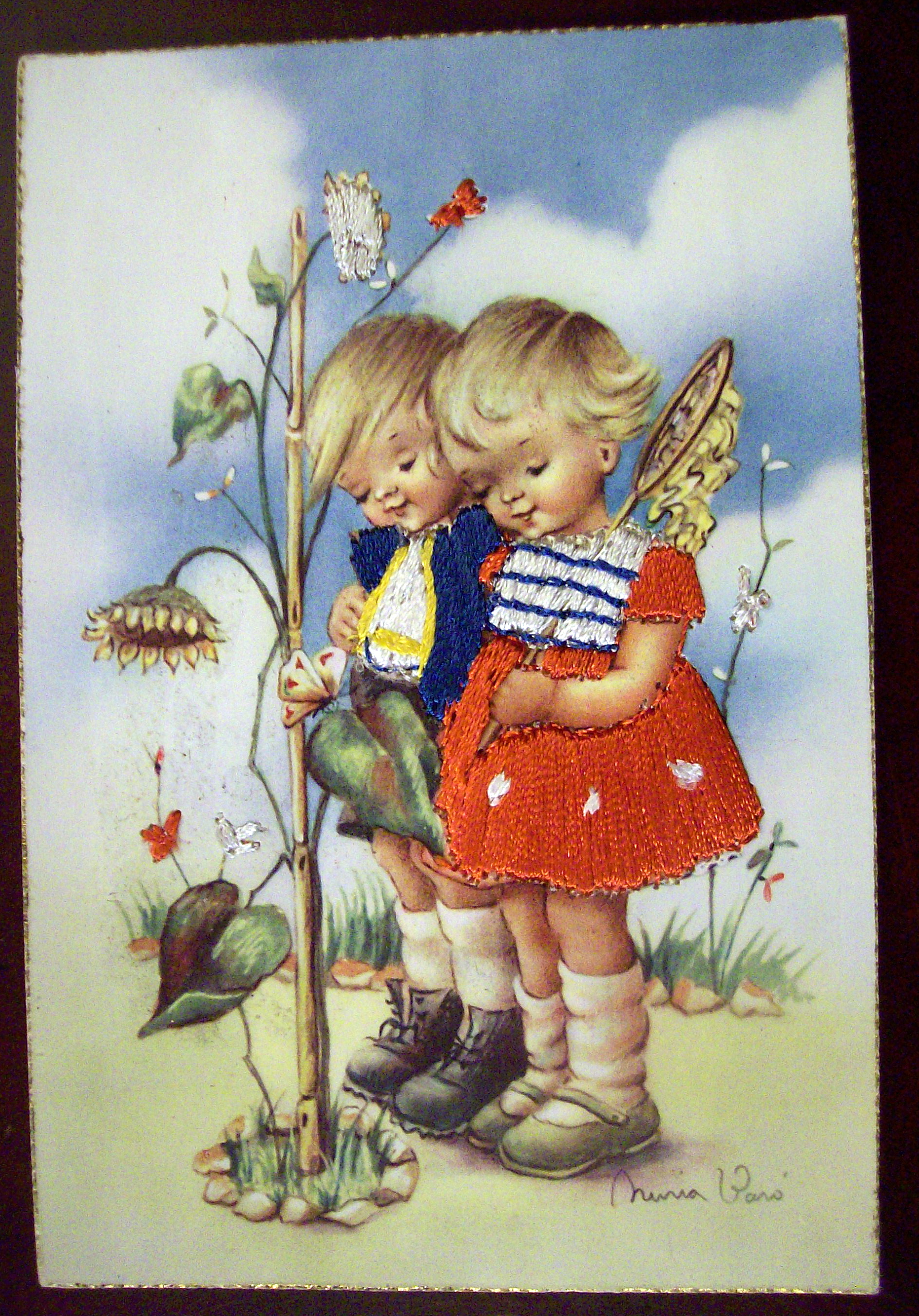 Thinking of You Postcard With 2 Kids Looking at Plant