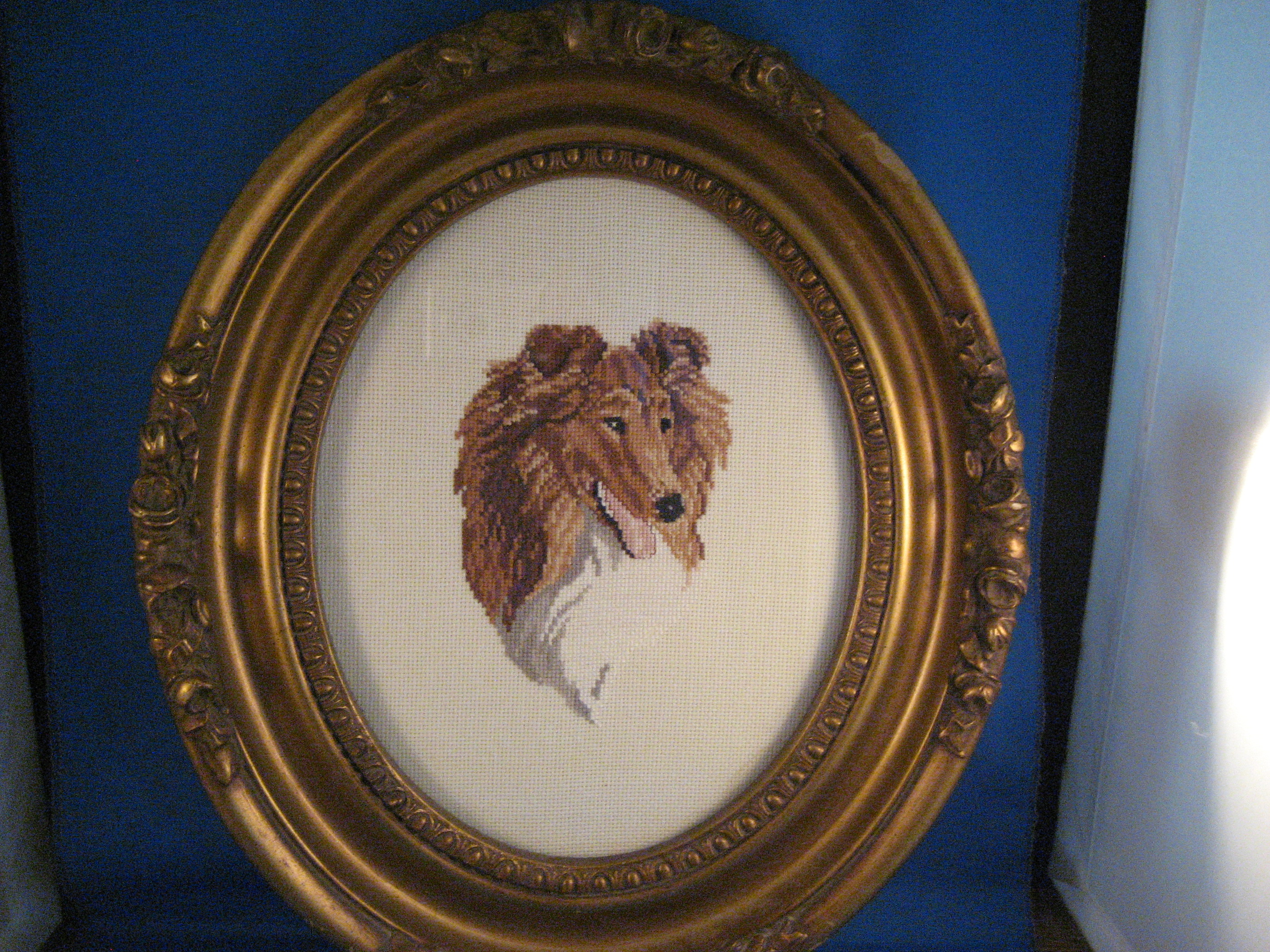 Embroidered Collie Picture in Antique Frame