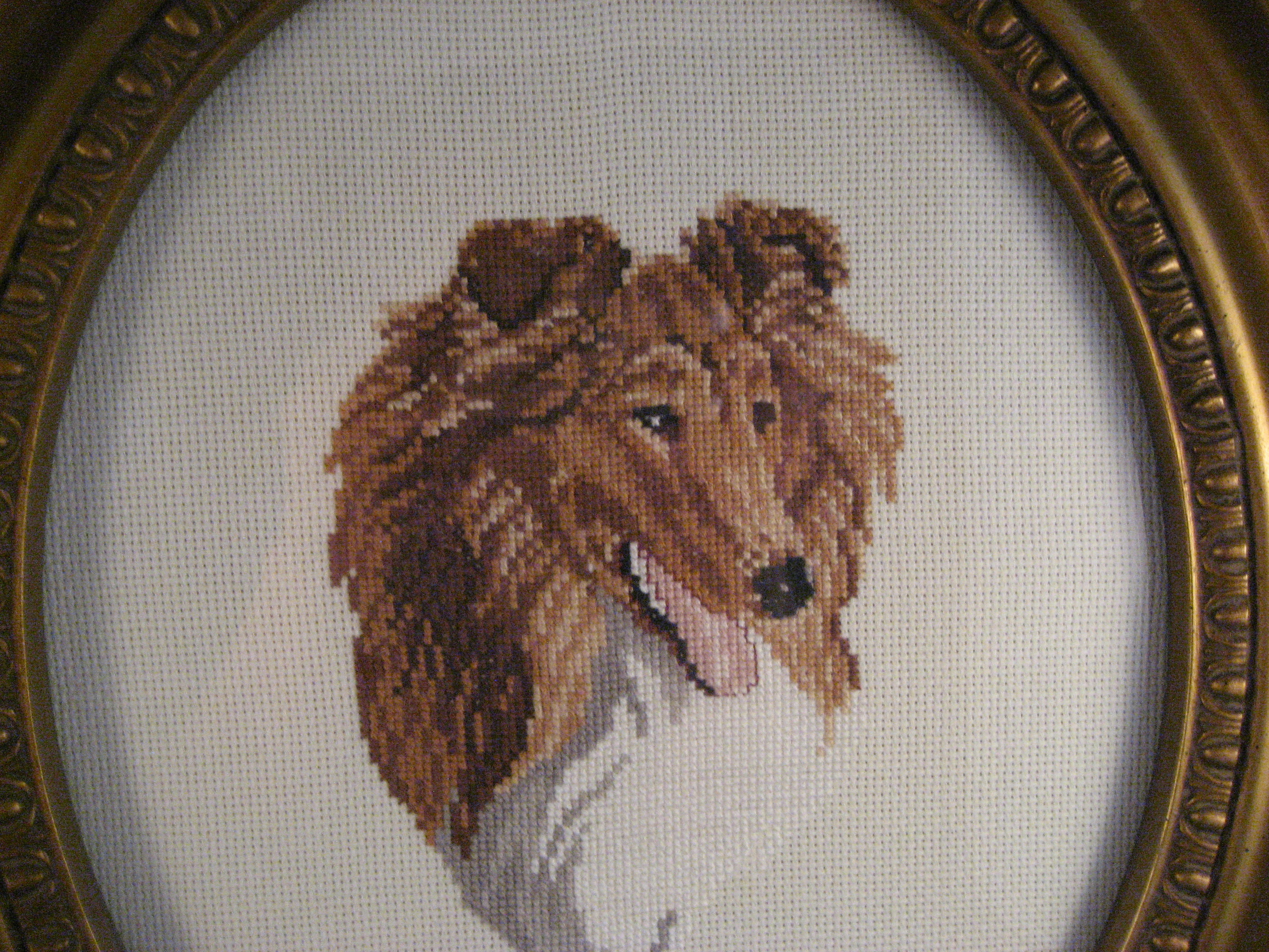 Embroidered Collie Picture in Antique Frame