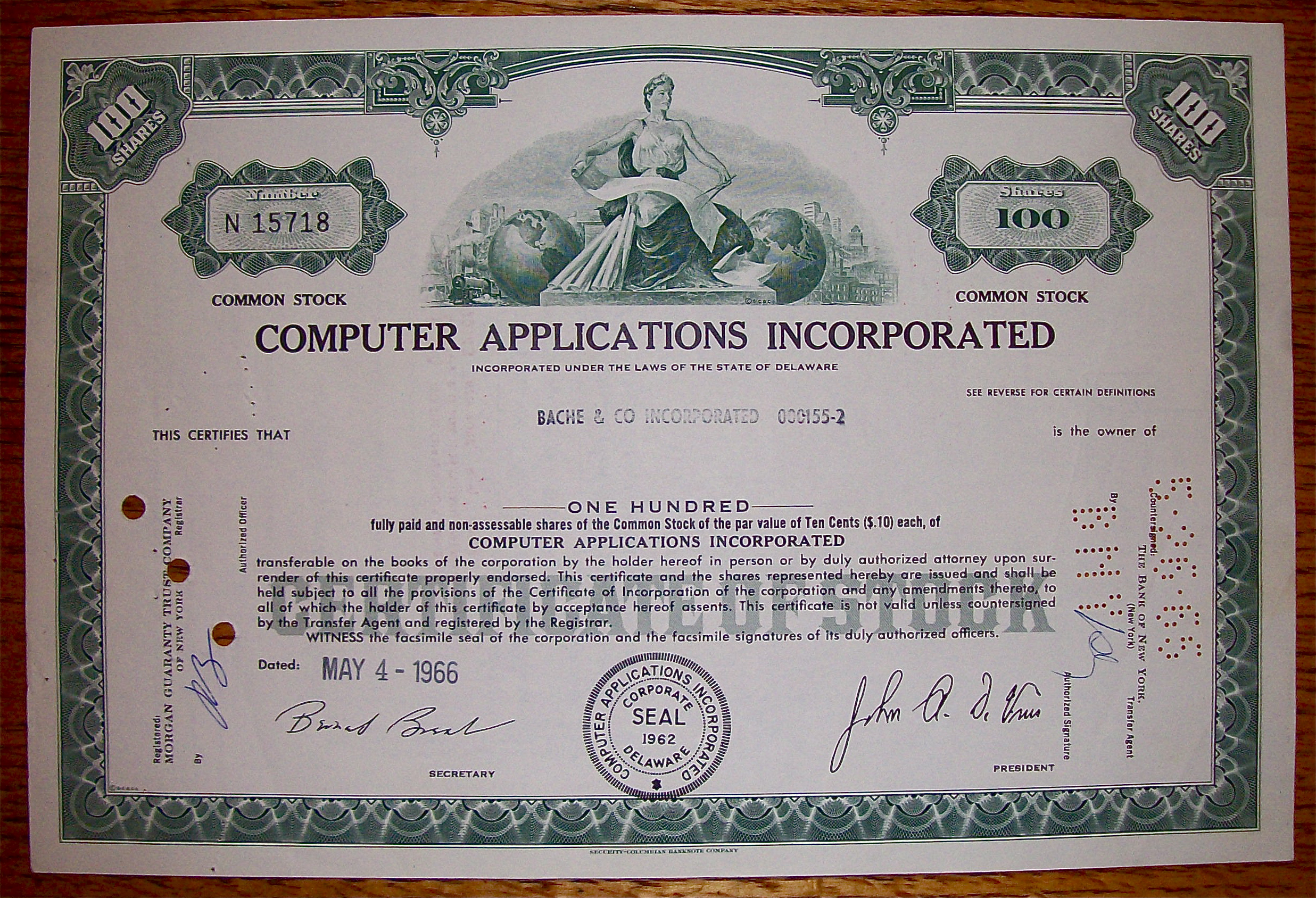 1966 Computer Applications Inc. Stock Certificate
