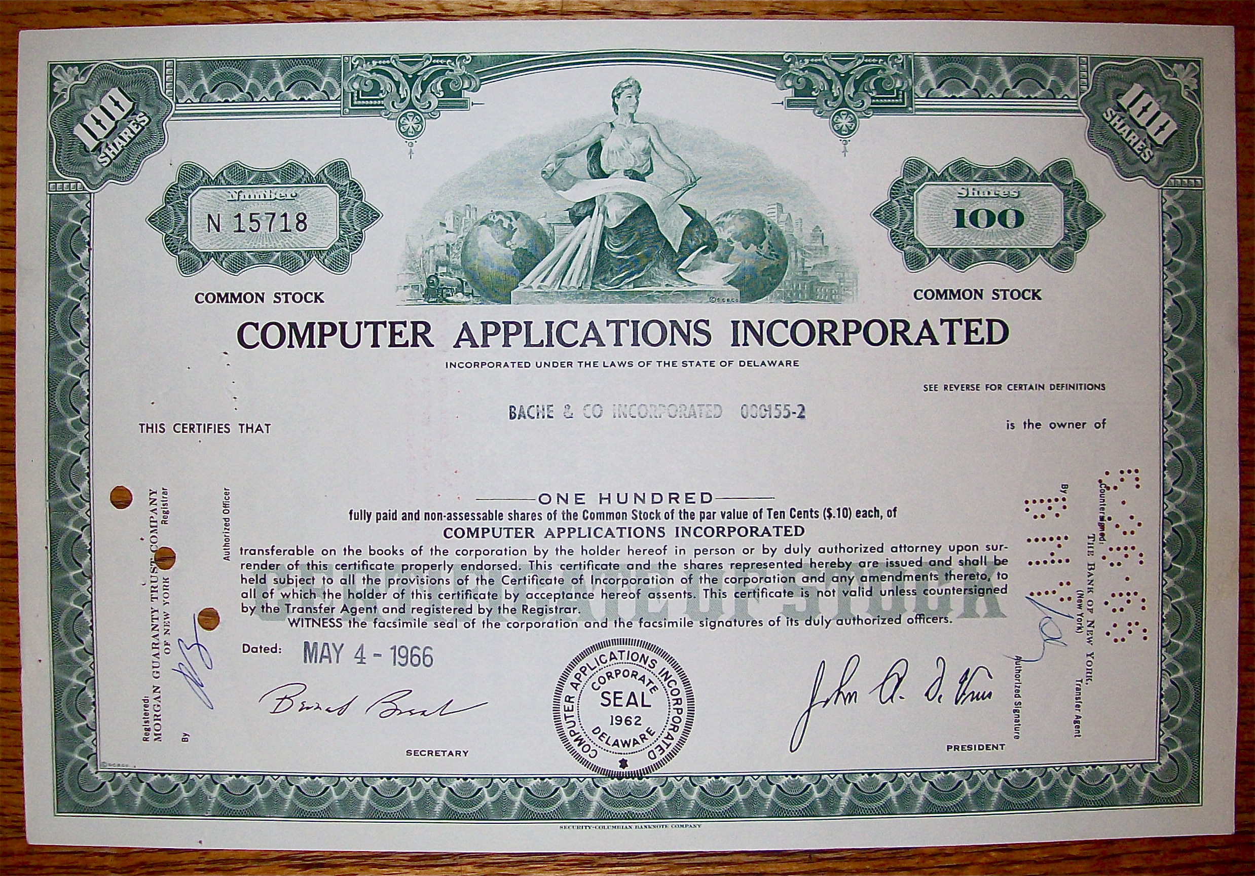 1966 Computer Applications Inc. Stock Certificate
