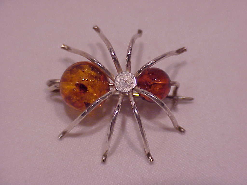 Handmade Amber Bead Sterling Silver Bug Insect Brooch