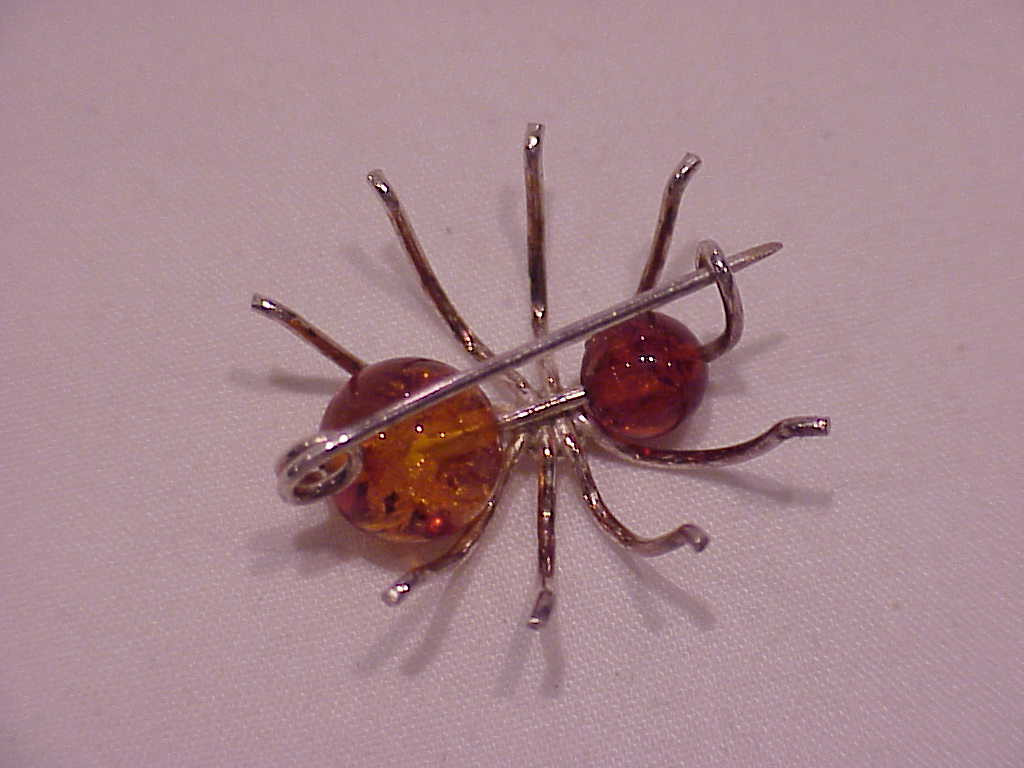 Handmade Amber Bead Sterling Silver Bug Insect Brooch