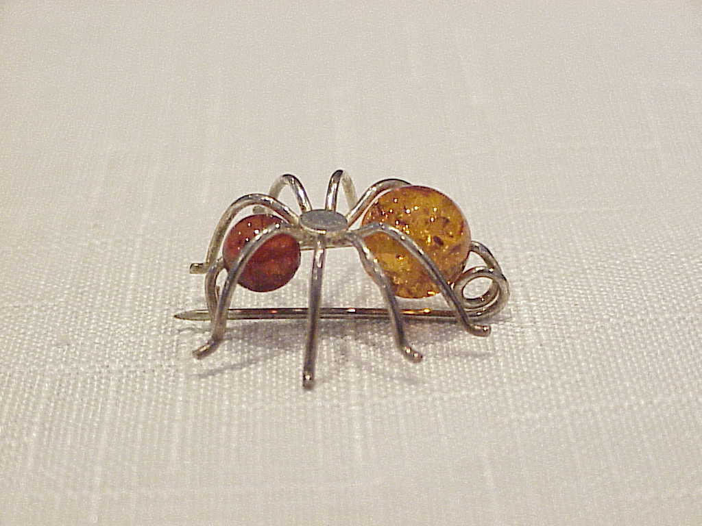 Handmade Amber Bead Sterling Silver Bug Insect Brooch