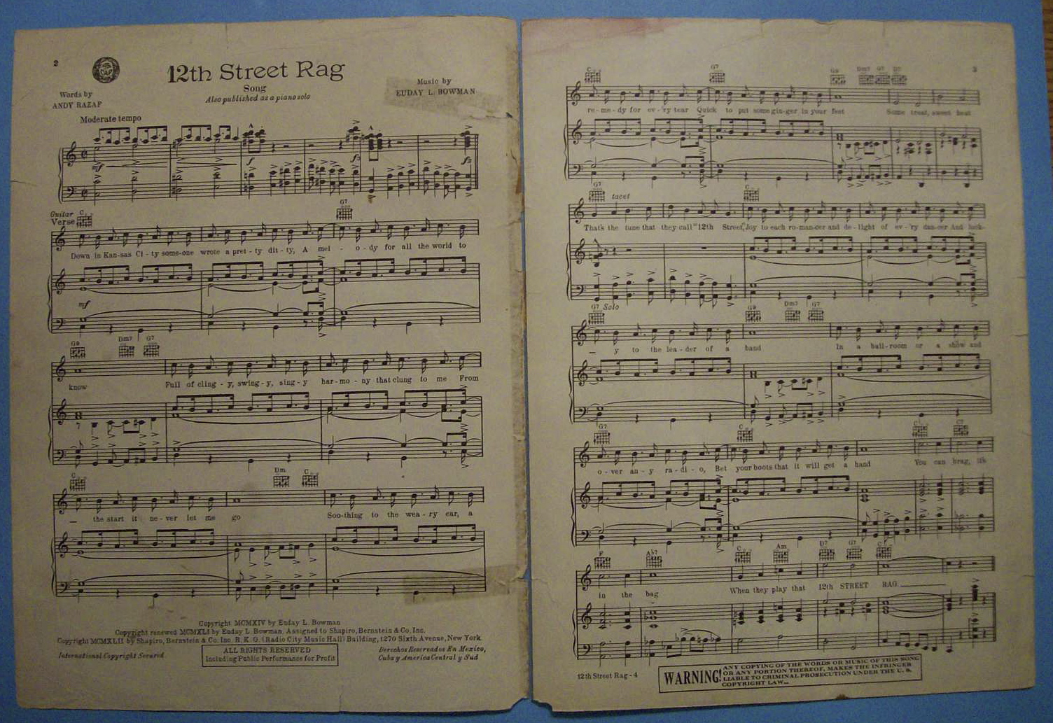 Sheet Music For 1914 The Famous 12th Street Rag