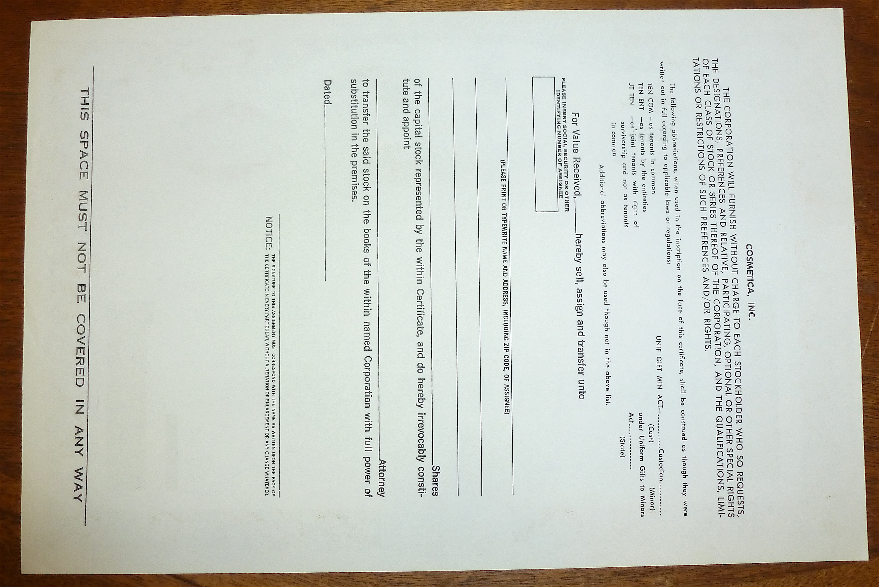 Cosmetica Inc. Stock Certificate