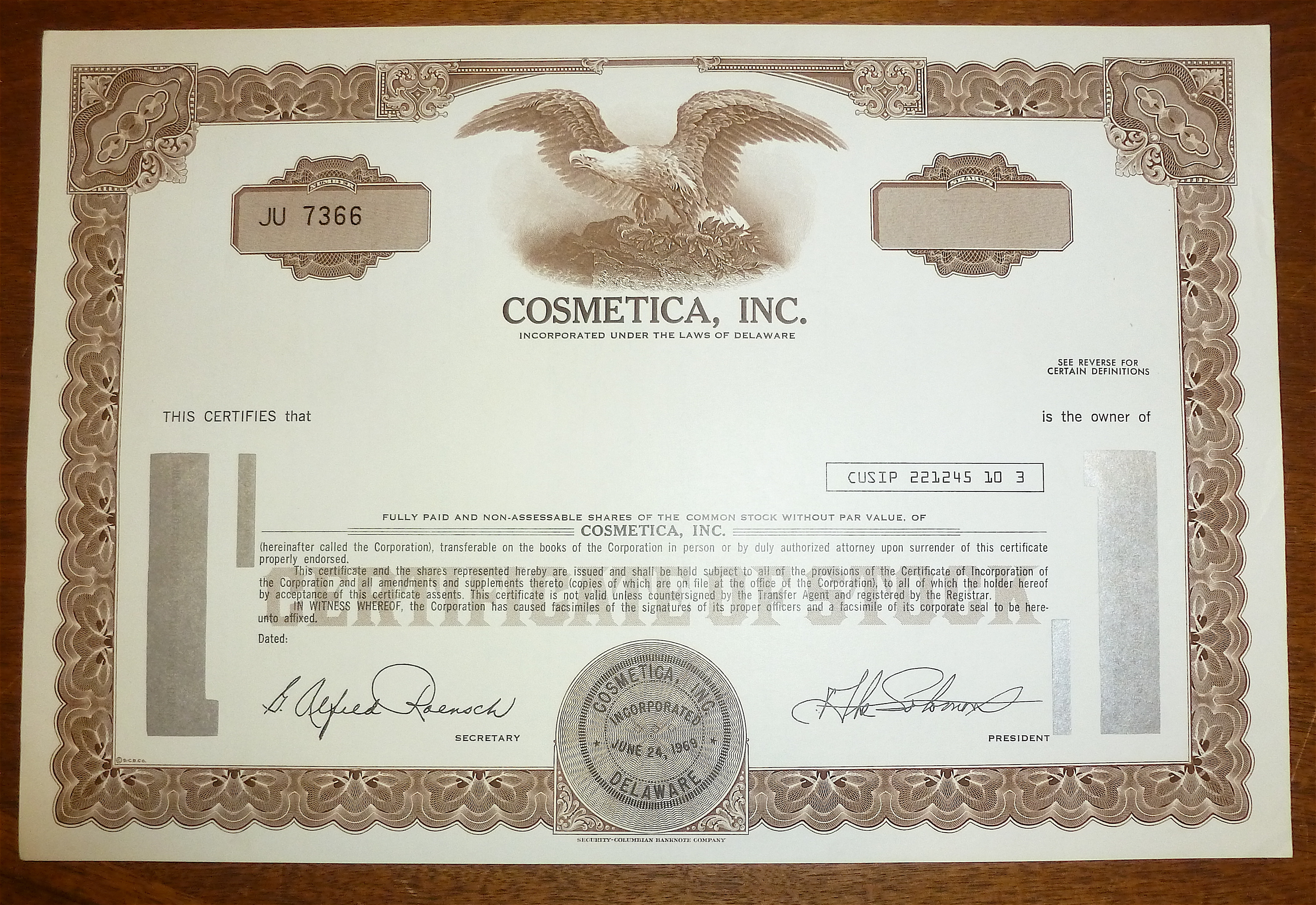 Cosmetica Inc. Stock Certificate