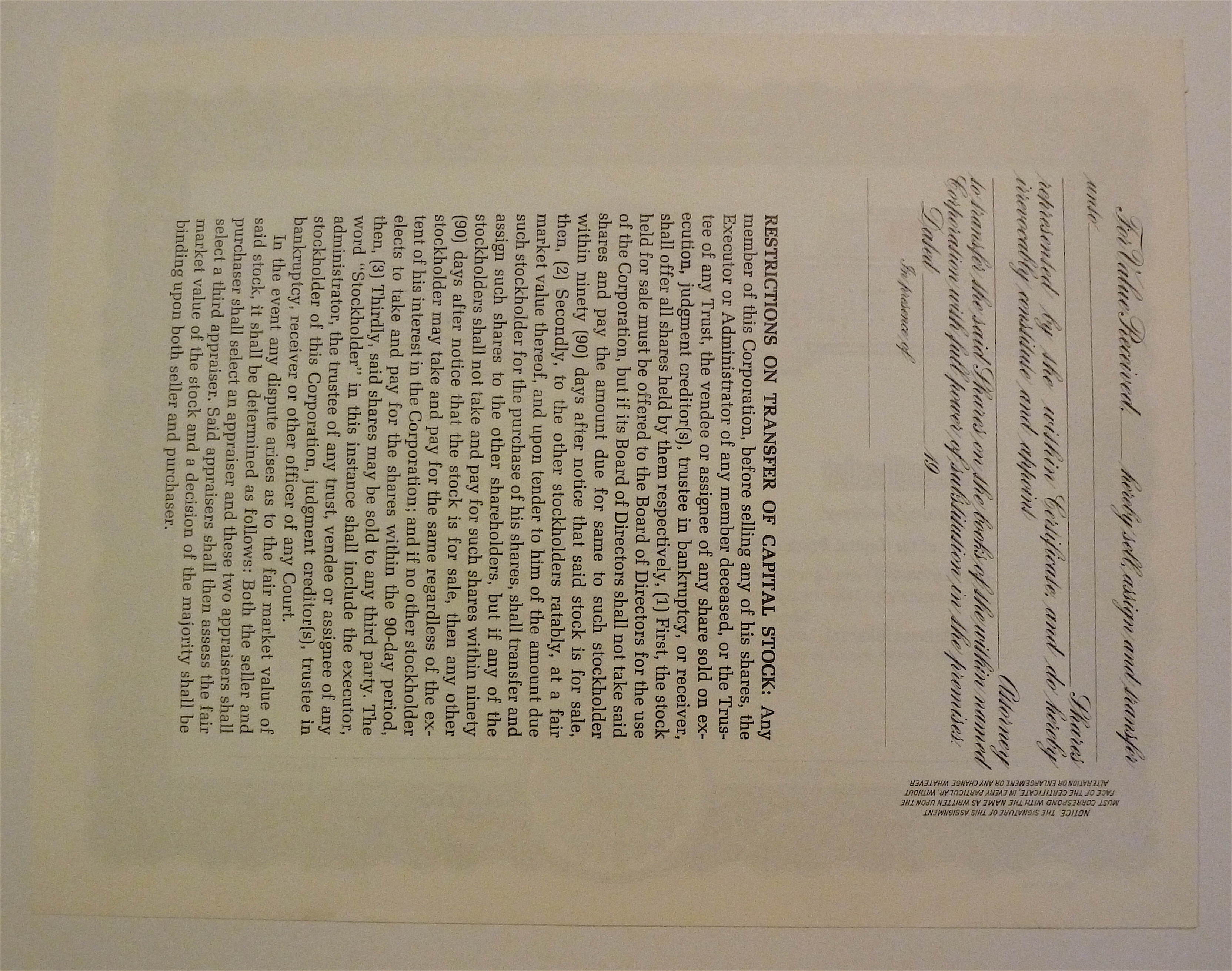 Rhiley's Flying Services Inc. Stock Certificate